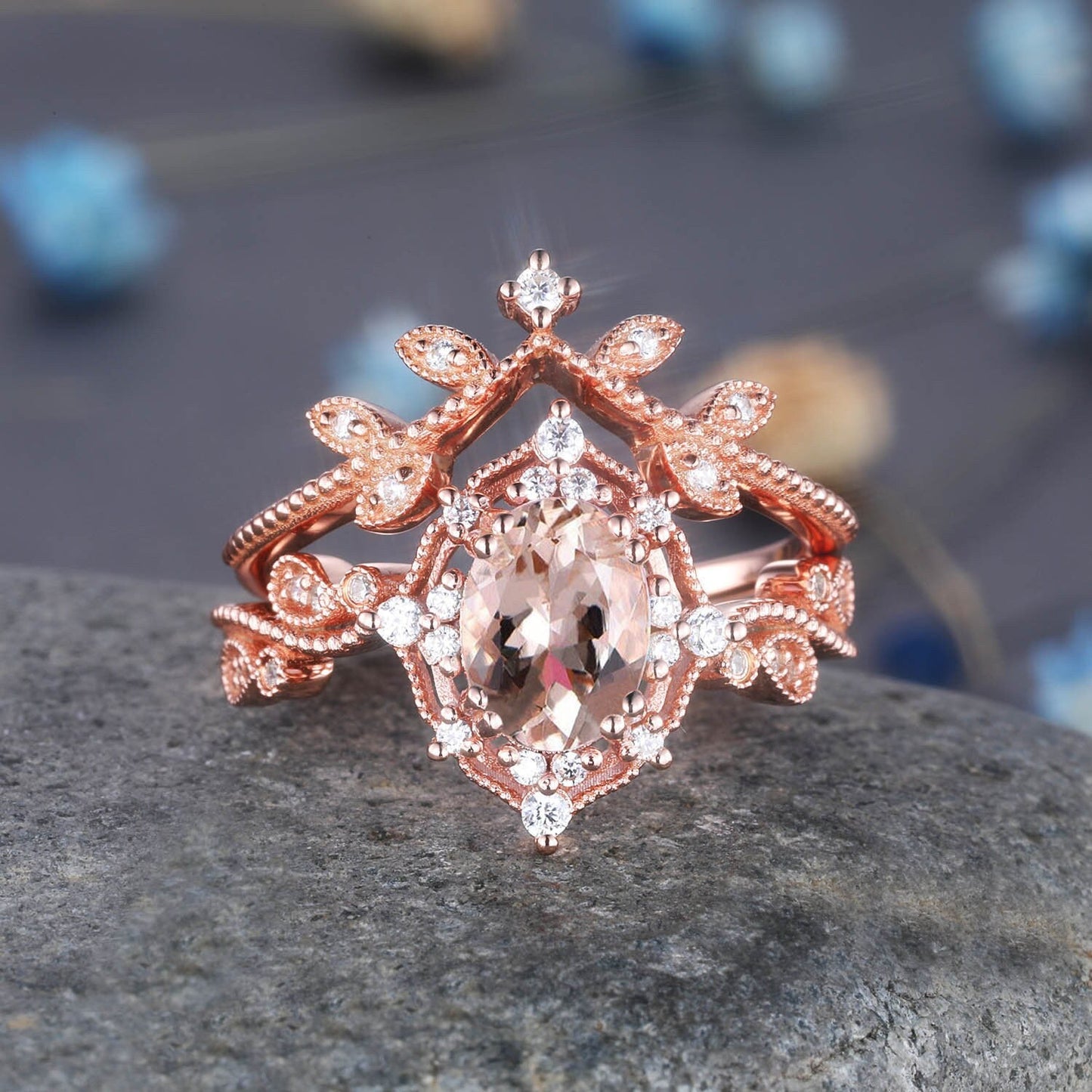 Aquamarine Wedding Ring Set Rose Gold Diamond Stackable Matching Band Aquamarine Engagement Floral Ring Art Deco Milgrain Anniversary