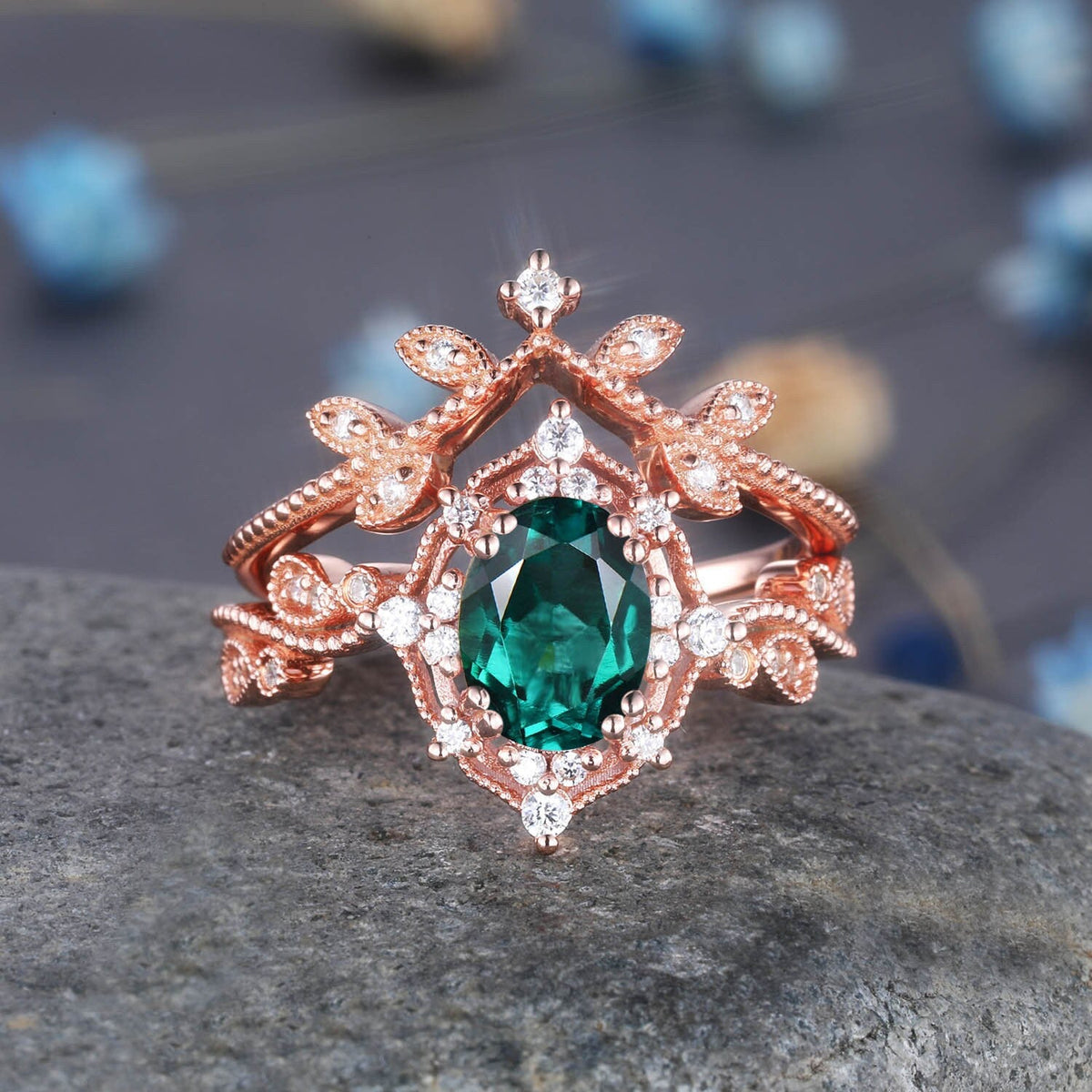 Aquamarine Wedding Ring Set Rose Gold Diamond Stackable Matching Band Aquamarine Engagement Floral Ring Art Deco Milgrain Anniversary