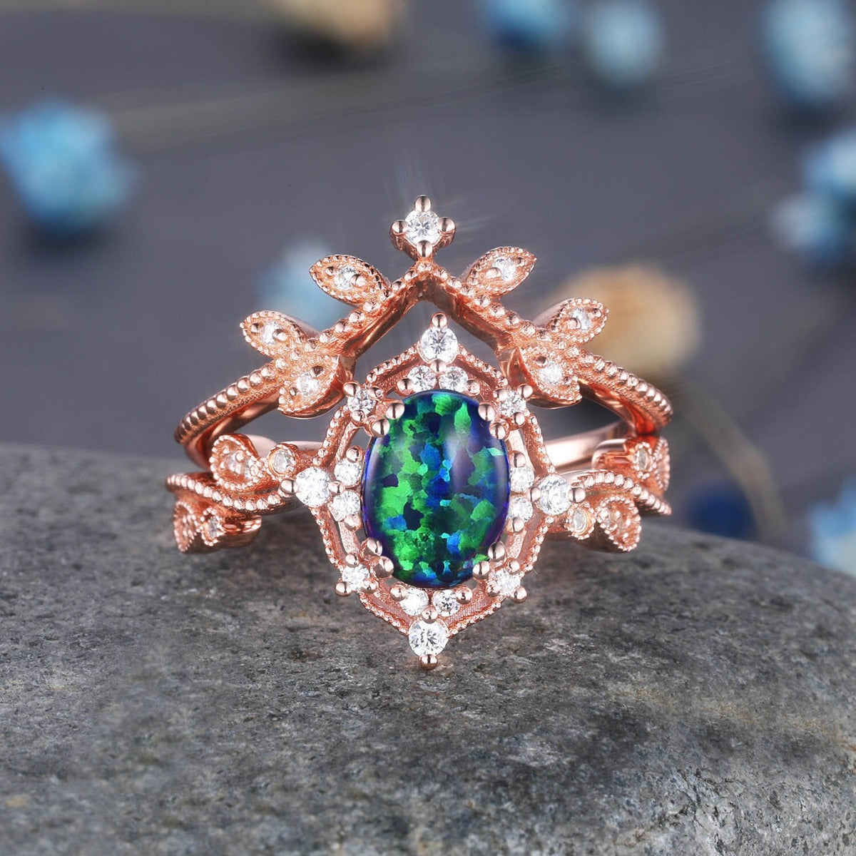 Aquamarine Wedding Ring Set Rose Gold Diamond Stackable Matching Band Aquamarine Engagement Floral Ring Art Deco Milgrain Anniversary