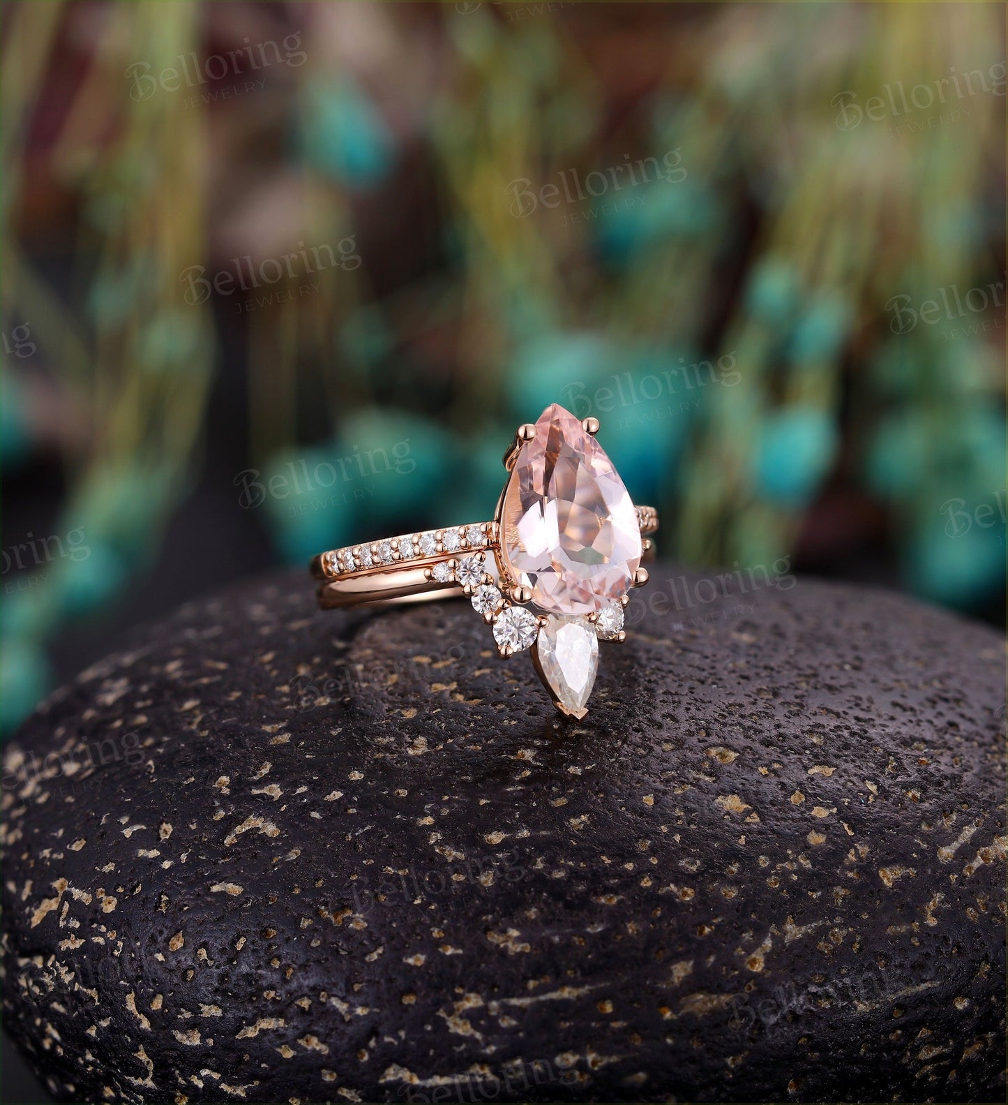 Morganite engagement ring pear shaped vintage moissanite Half eternity prong set Wedding set  antique Jewelry Anniversary wedding ring