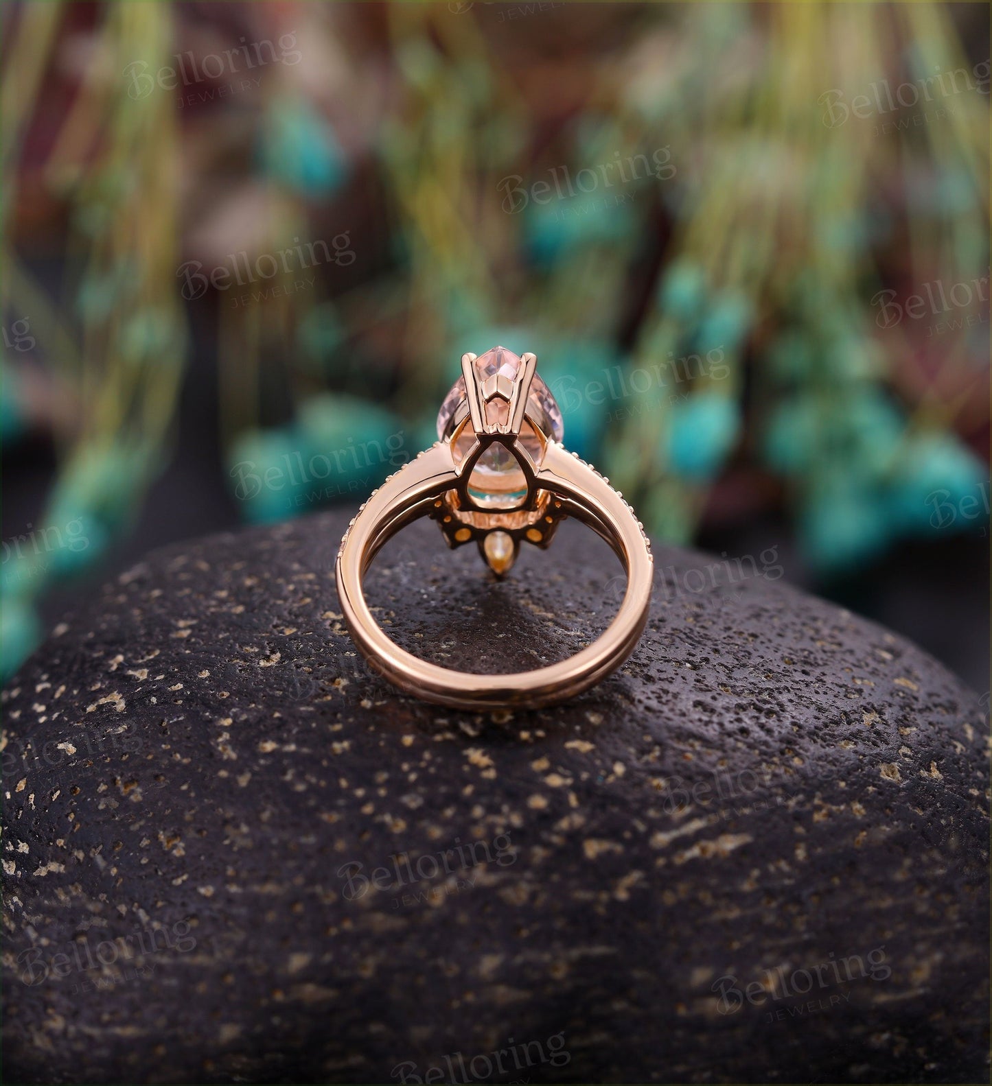 Morganite engagement ring pear shaped vintage moissanite Half eternity prong set Wedding set  antique Jewelry Anniversary wedding ring
