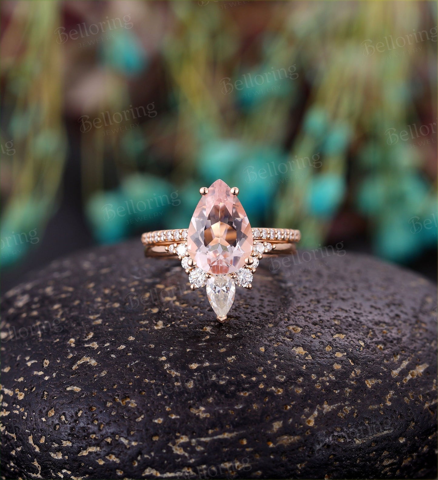 Morganite engagement ring pear shaped vintage moissanite Half eternity prong set Wedding set  antique Jewelry Anniversary wedding ring