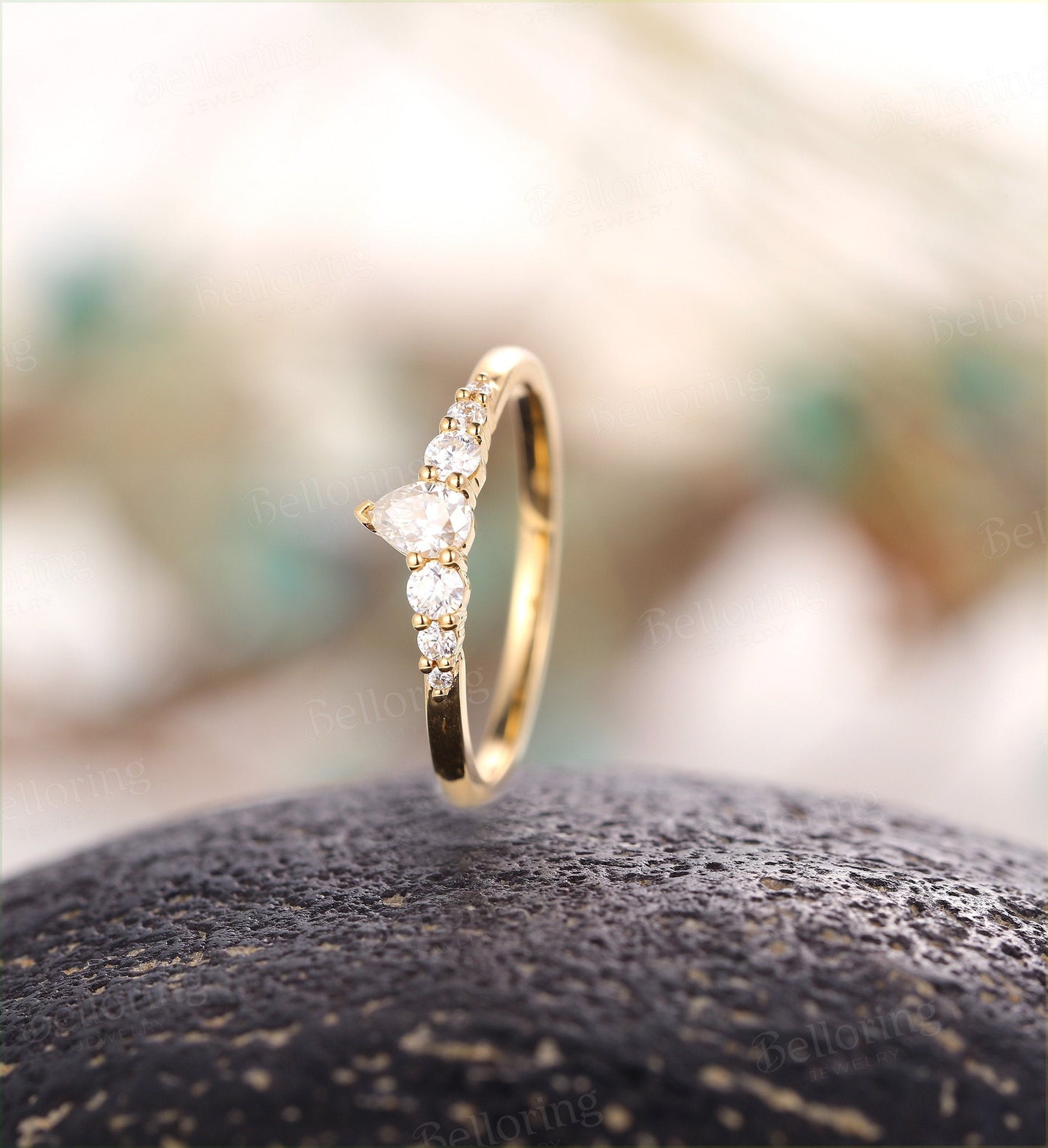 Moissanite wedding band woman solid gold ring Vintage Bridal Set Jewelry Antique Pear shaped crown dainty Promise Anniversary Gift for her