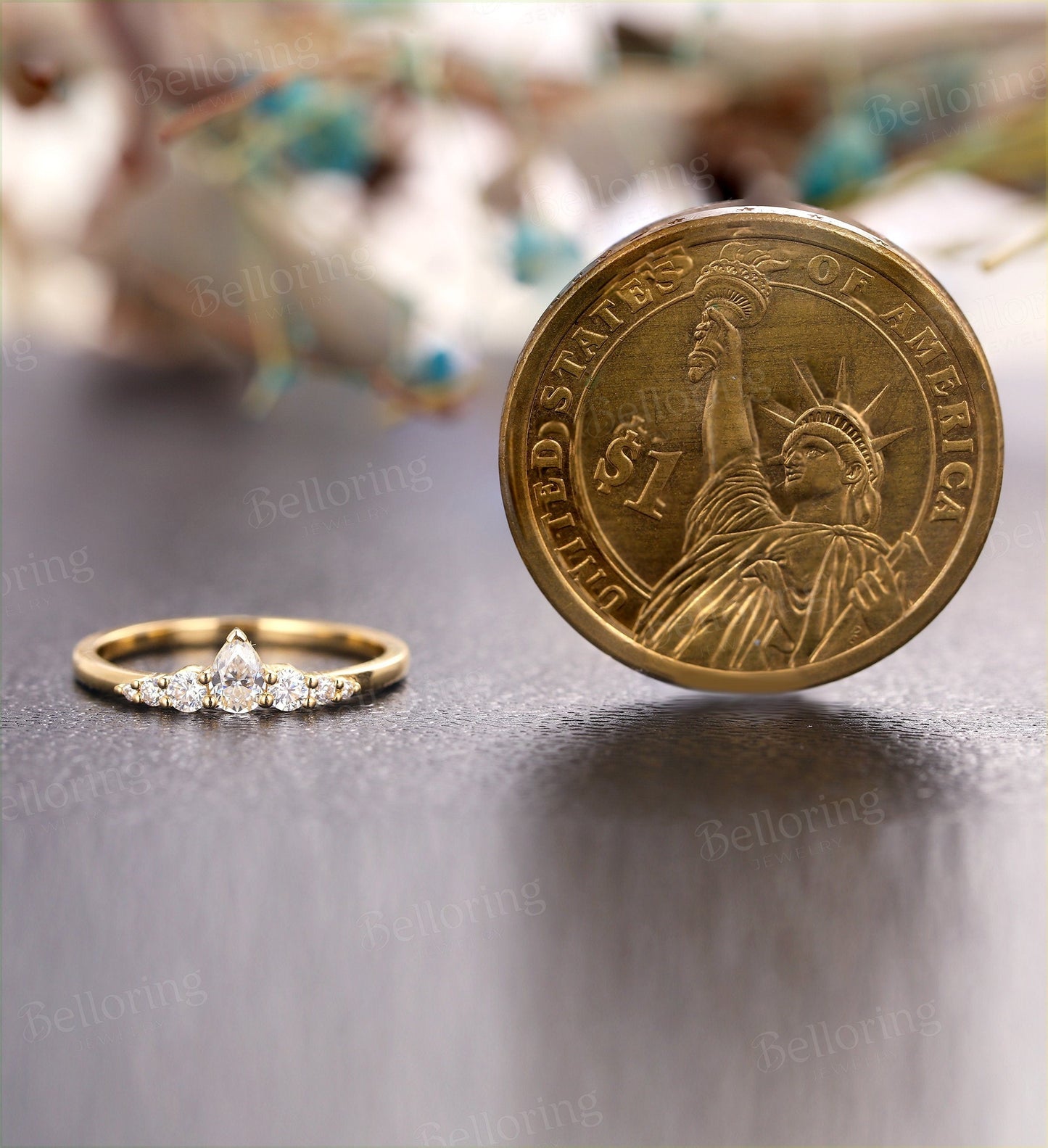 Moissanite wedding band woman solid gold ring Vintage Bridal Set Jewelry Antique Pear shaped crown dainty Promise Anniversary Gift for her