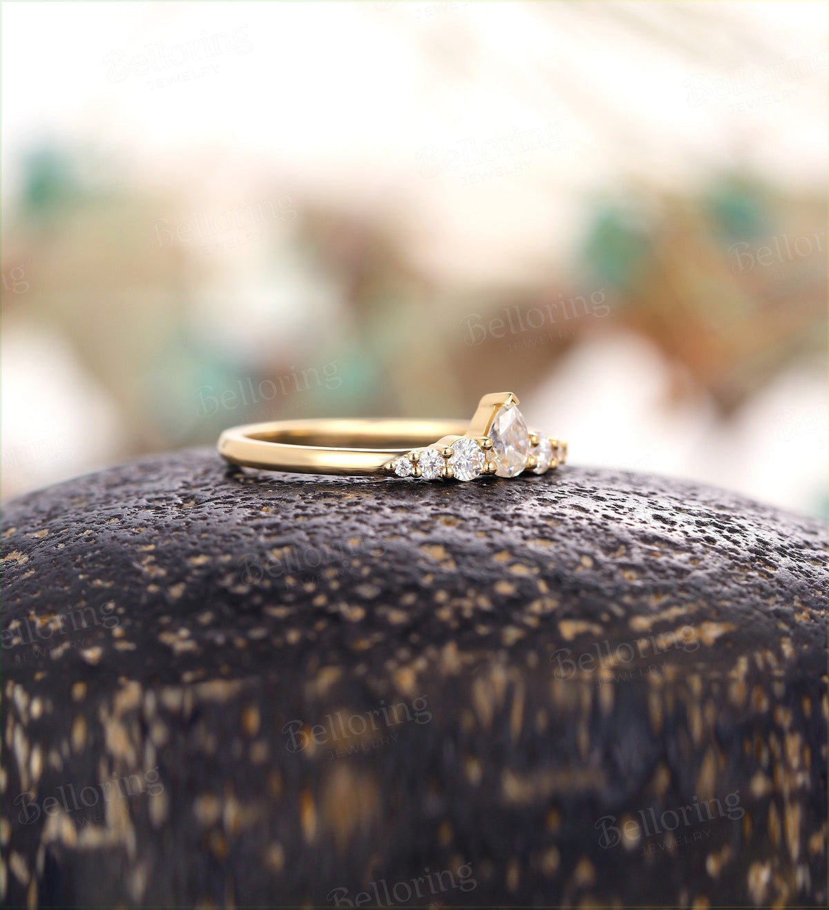 Moissanite wedding band woman solid gold ring Vintage Bridal Set Jewelry Antique Pear shaped crown dainty Promise Anniversary Gift for her