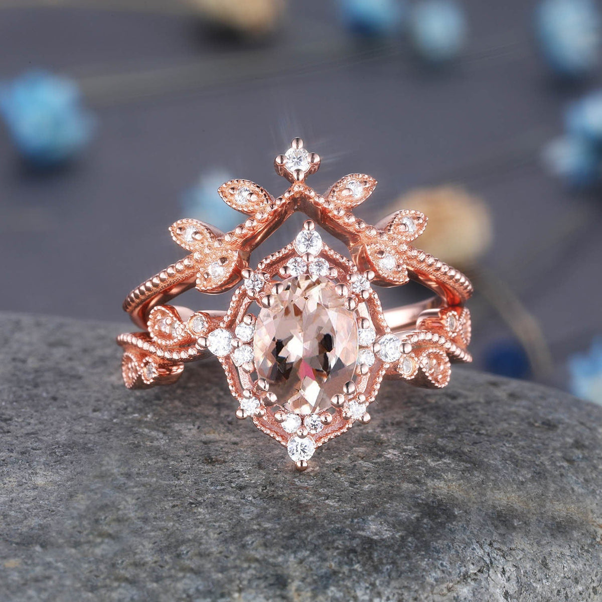 Black rutilated quartz ring set diamond wedding ring 2pcs rose gold quartz engagement ring women rose gold diamond matching band