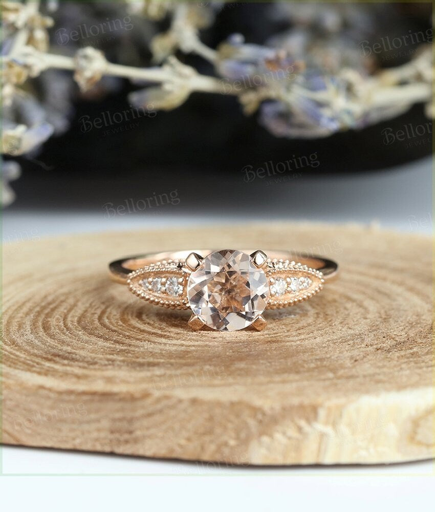 Morganite engagement ring 14k rose gold round cut vintage Halo diamond Half eternity Wedding  Bridal Jewelry Anniversary wedding ring