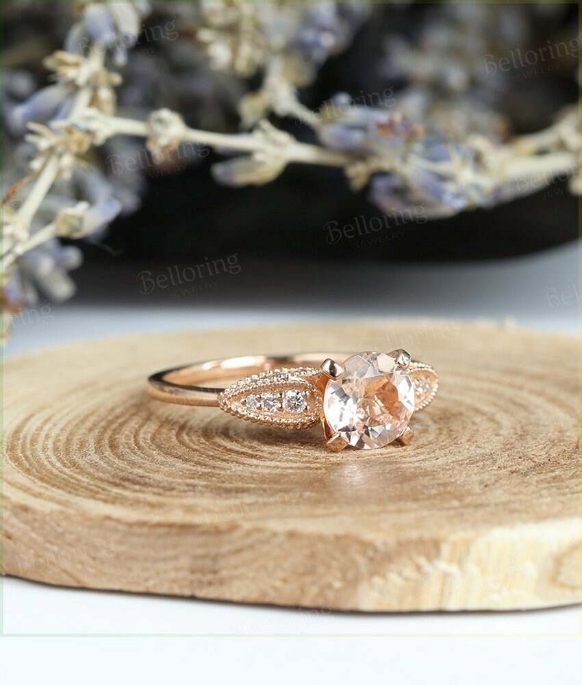 Morganite engagement ring 14k rose gold round cut vintage Halo diamond Half eternity Wedding  Bridal Jewelry Anniversary wedding ring