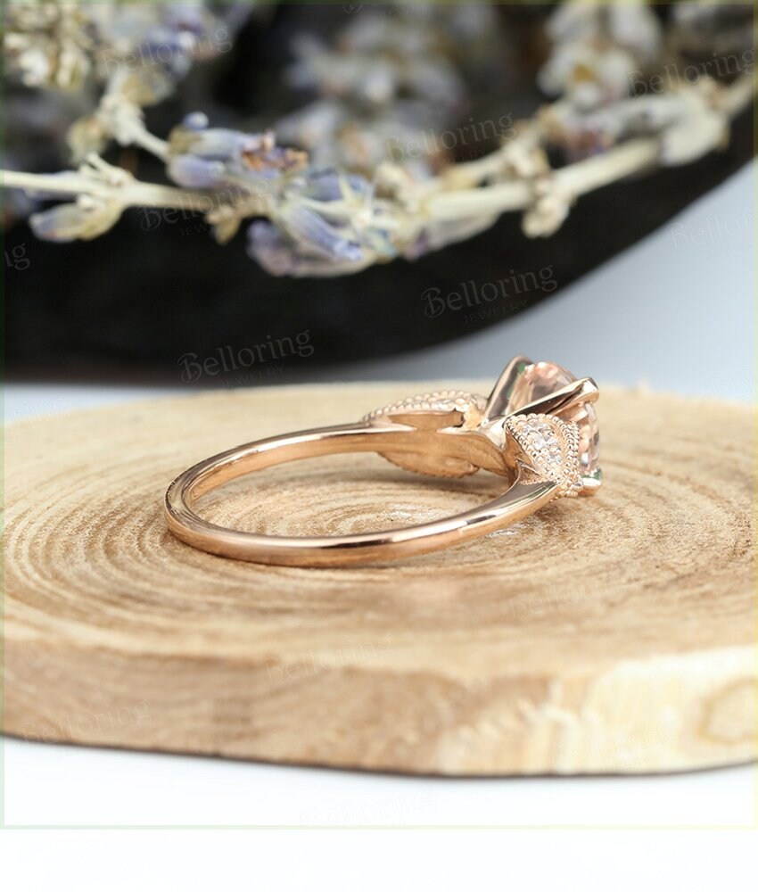 Morganite engagement ring 14k rose gold round cut vintage Halo diamond Half eternity Wedding  Bridal Jewelry Anniversary wedding ring