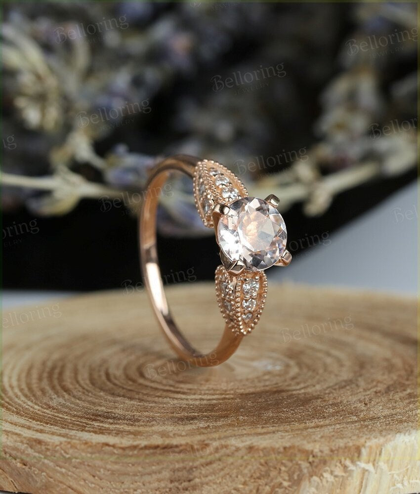 Morganite engagement ring 14k rose gold round cut vintage Halo diamond Half eternity Wedding  Bridal Jewelry Anniversary wedding ring