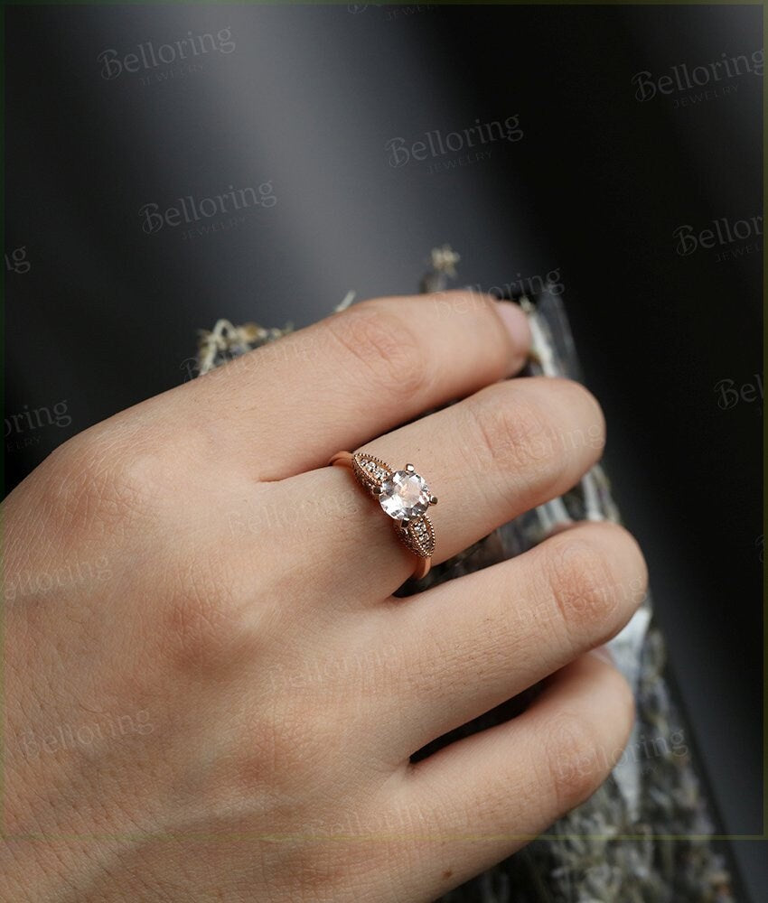 Morganite engagement ring 14k rose gold round cut vintage Halo diamond Half eternity Wedding  Bridal Jewelry Anniversary wedding ring