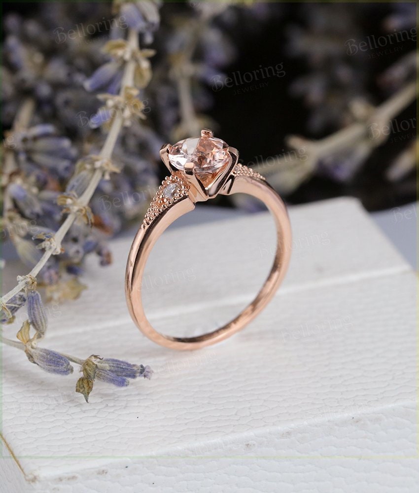 Morganite engagement ring 14k rose gold round cut vintage diamond Wedding  Milgrain Bridal Jewelry  Anniversary promise wedding ring