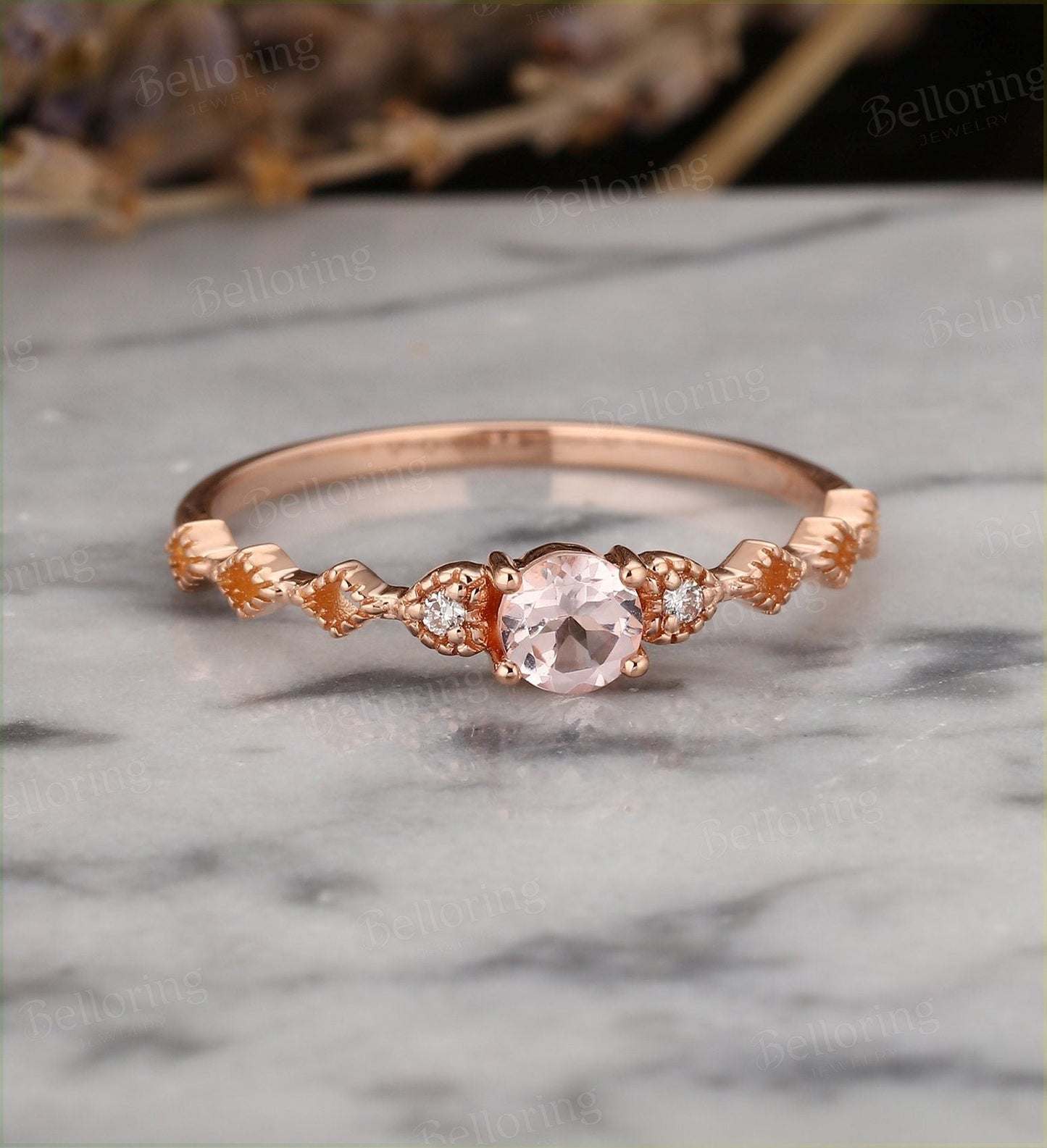 Art deco morganite engagement ring  Vintage diamond rose gold Unique wedding Jewelry milgrain Anniversary wedding ring