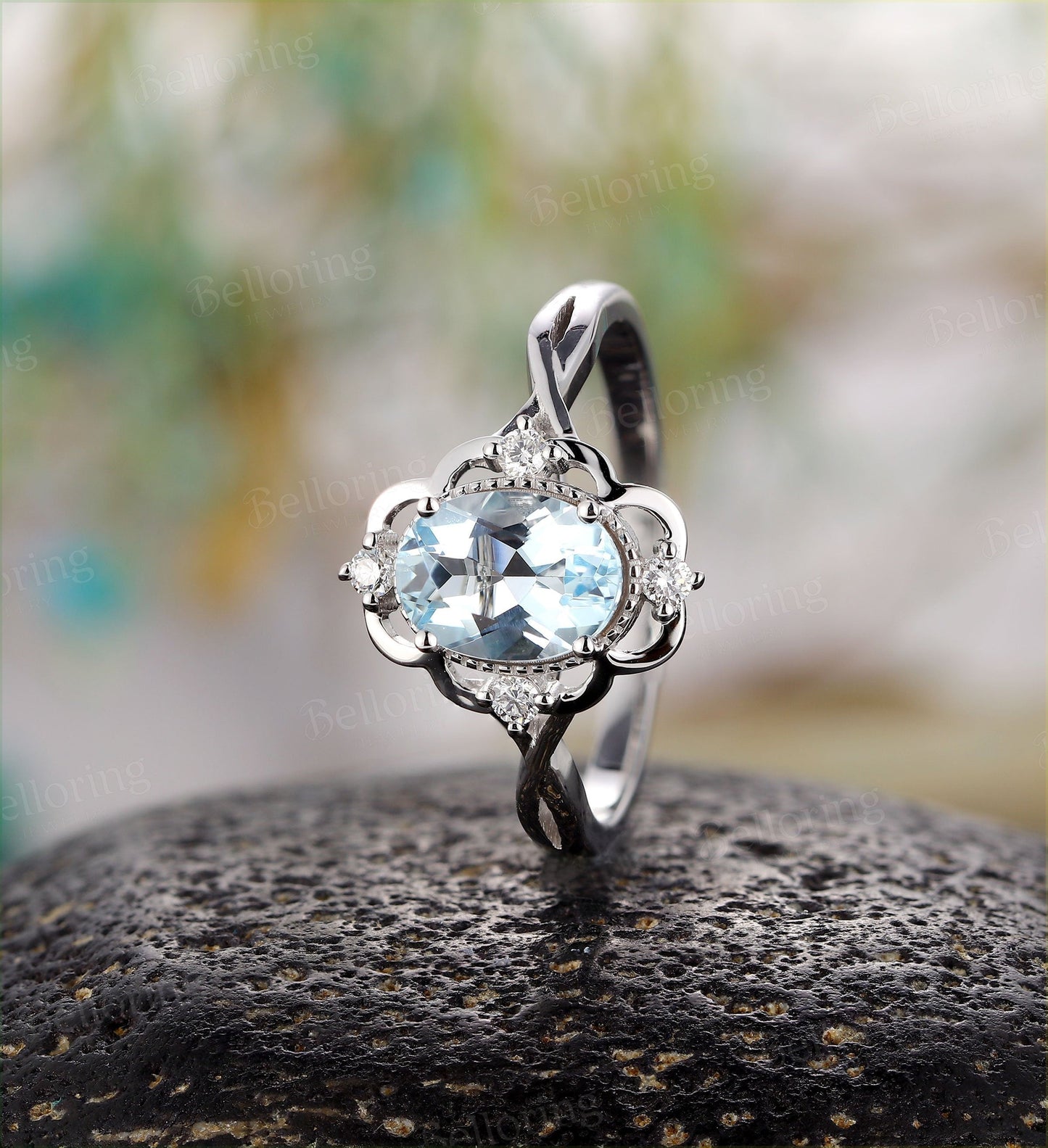 Aquamarine engagement ring vintage white gold  oval cut Antique vintage rings Wedding  Promise ring Anniversary ring for