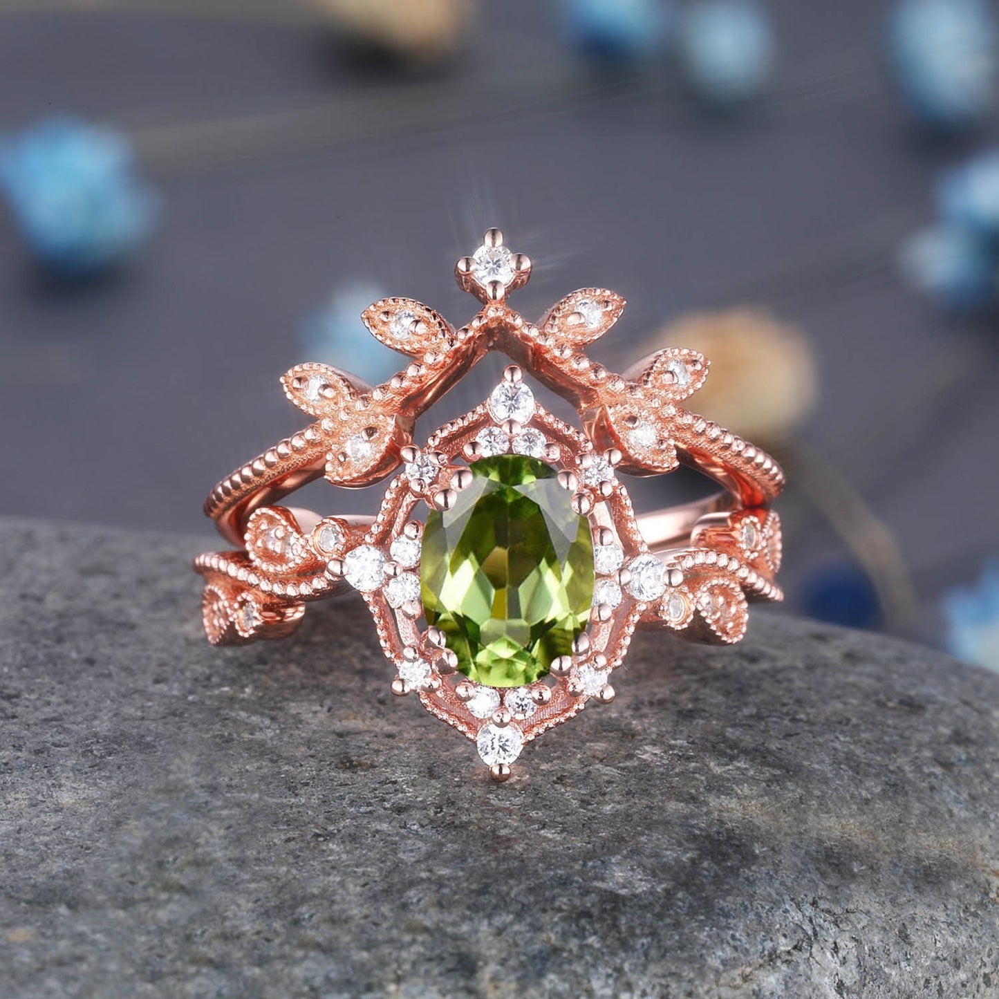 Oval emerald wedding ring set emerald engagmement ring diamond matching band vintage floral art deco diamond ring Valentines day gift