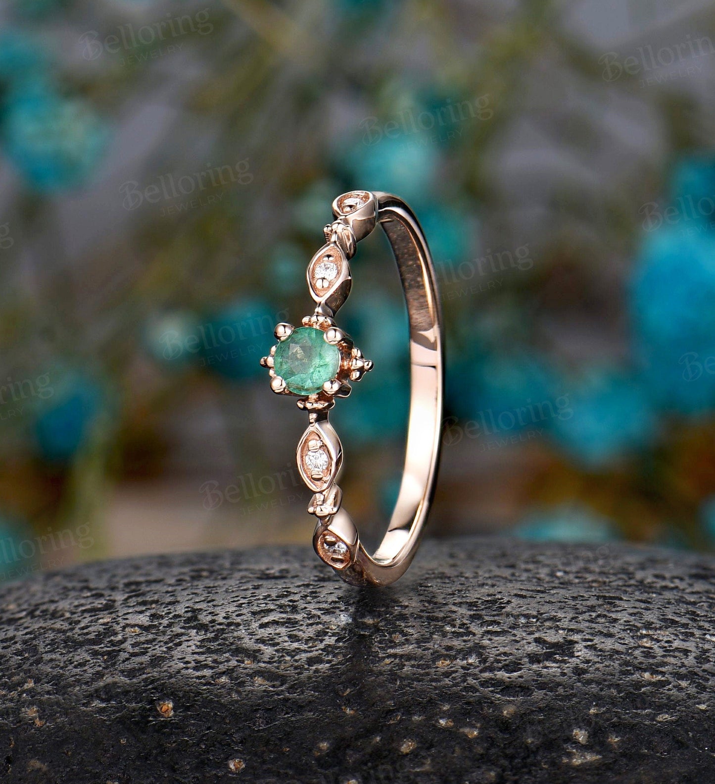 Emerald Engagement Ring rose gold ring wedding vintage round cut ring Art Deco unique diamond ring Promise Anniversary  ring