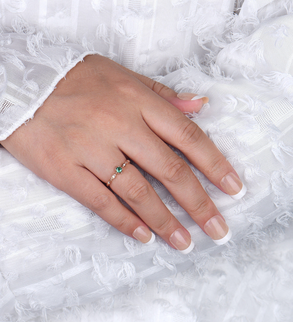 Emerald Engagement Ring rose gold ring wedding vintage round cut ring Art Deco unique diamond ring Promise Anniversary  ring