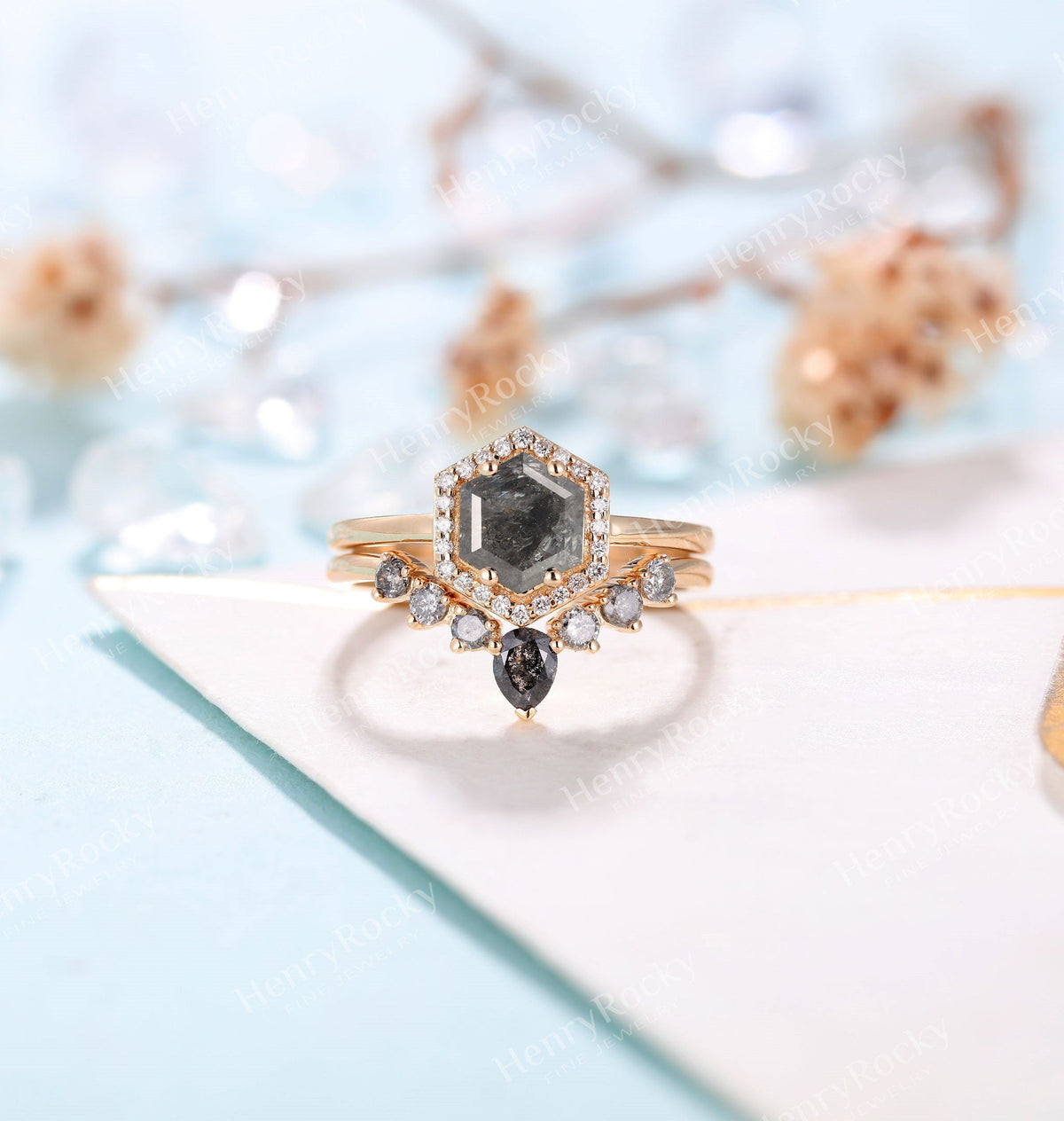 Salt and Pepper Diamond Engagement Ring set | Rose gold wedding Set | Curved diamond wedding band | Hexagon Bridal set | Anniversary promise