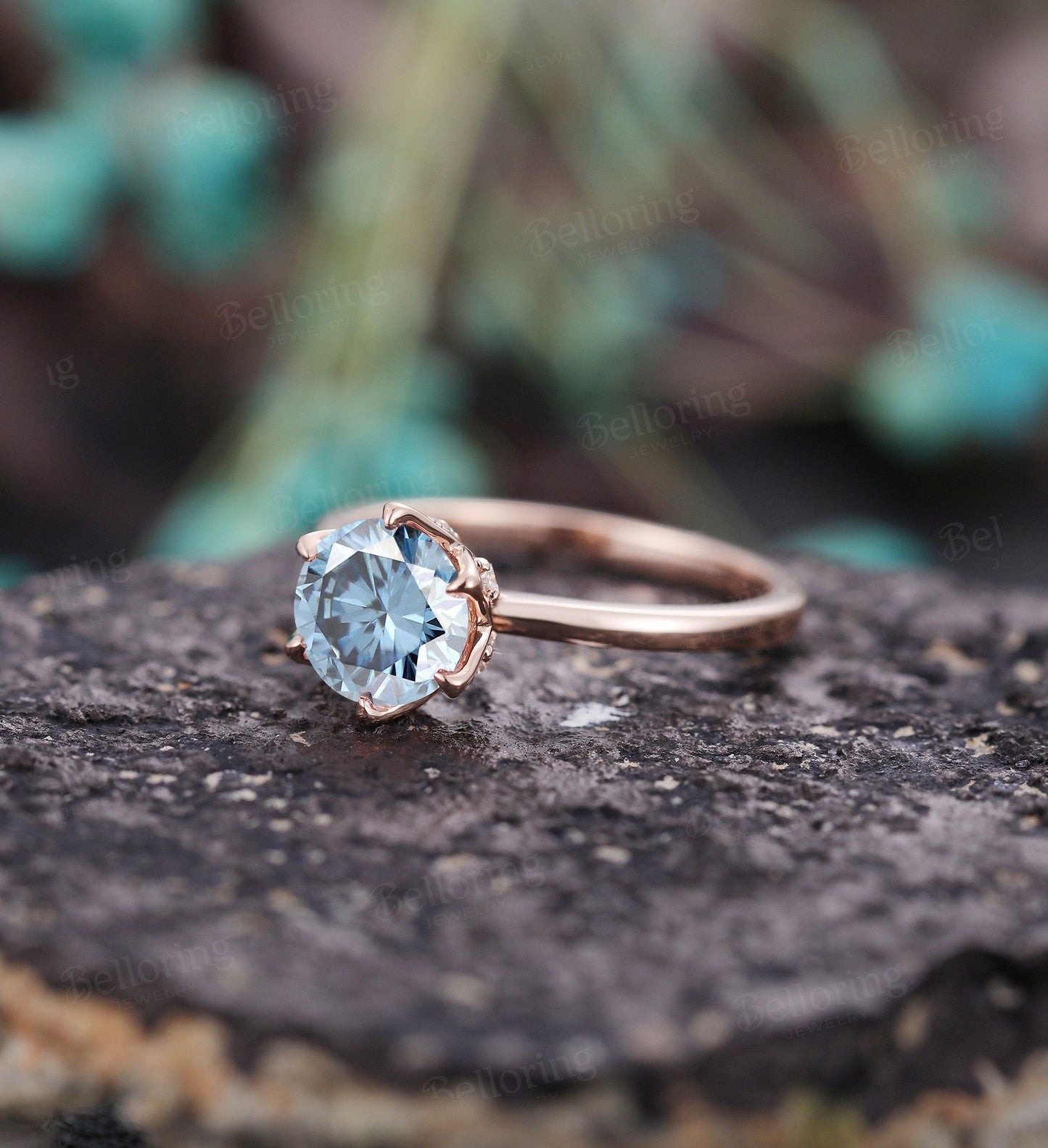 Grey Blue Moissanite engagement ring vintage prong set unique rose gold diamond art deco promise ring solitaire ring anniversary wedding