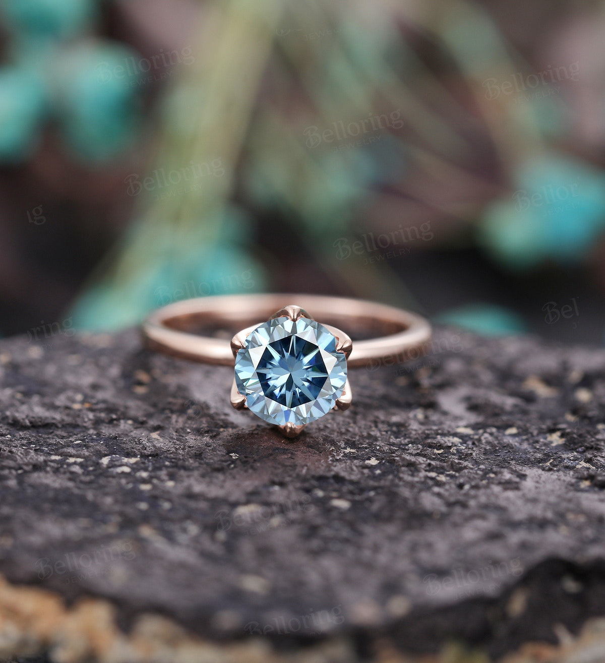 Grey Blue Moissanite engagement ring vintage prong set unique rose gold diamond art deco promise ring solitaire ring anniversary wedding