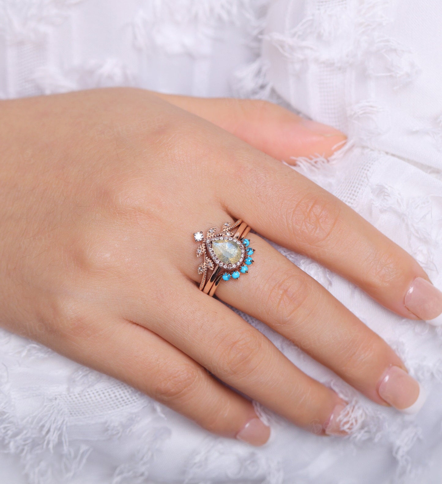 Labradorite engagement ring set art deco Rose gold ring set pear cut moissanite Wedding ring set Bridal ring set Anniversary ring set
