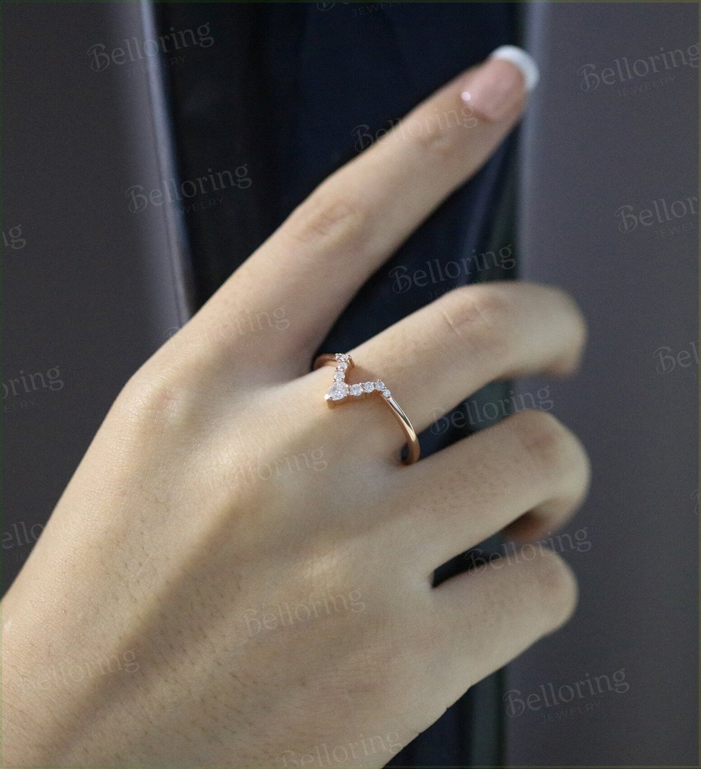 Moissanite Curved wedding band woman rose gold ring Vintage Bridal Set Jewelry Antique Solid 14K Matching Promise Anniversary Gift for her