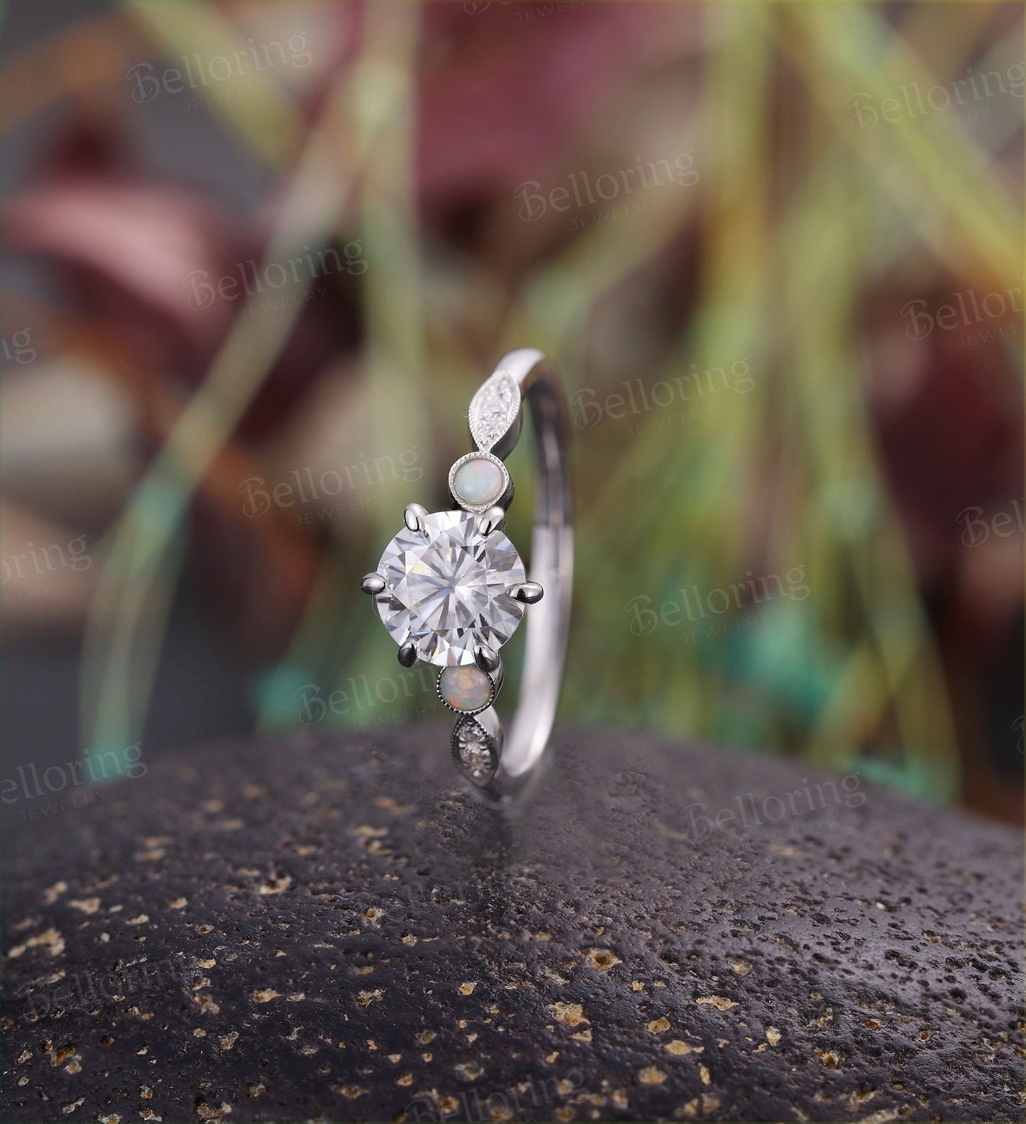Moissanite engagement ring for  prong set dainty vintage milgrain Unique opal wedding antique Jewelry promise Anniversary wedding ring