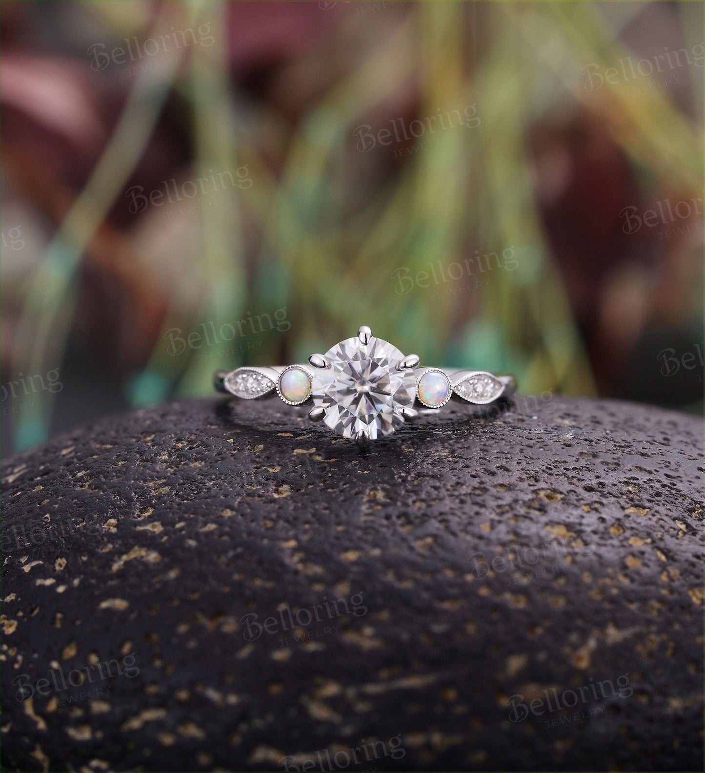 Moissanite engagement ring for  prong set dainty vintage milgrain Unique opal wedding antique Jewelry promise Anniversary wedding ring