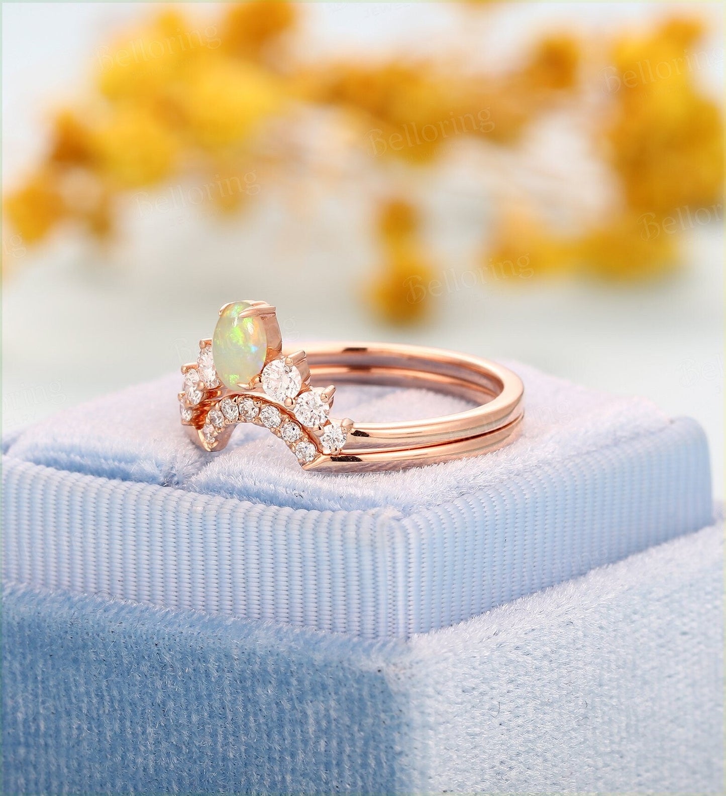 Morganite engagement ring rose gold pear cut vintage Half eternity diamond Marquise cut opal Wedding ring set  antique Jewelry 3 rings