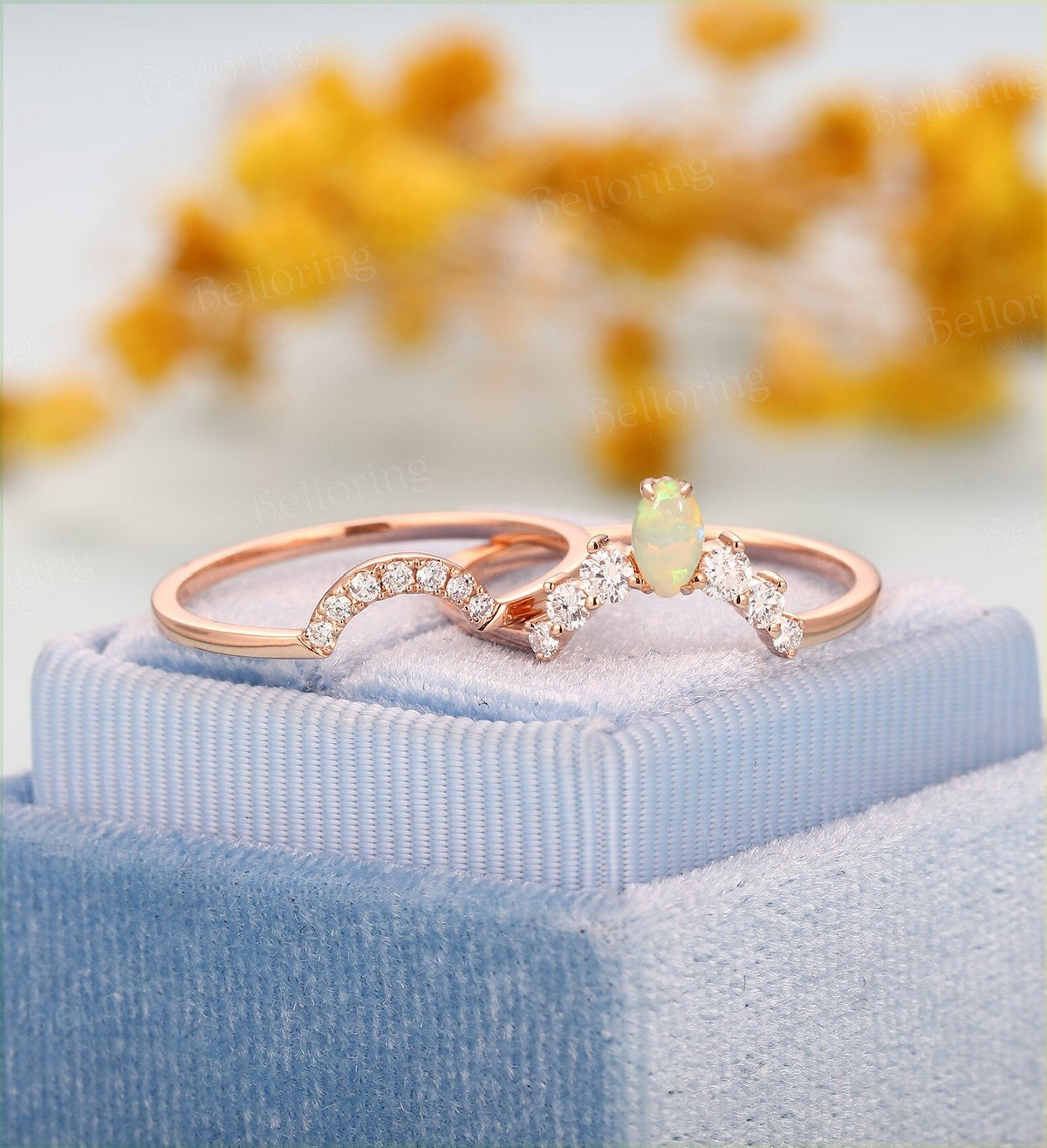 Morganite engagement ring rose gold pear cut vintage Half eternity diamond Marquise cut opal Wedding ring set  antique Jewelry 3 rings