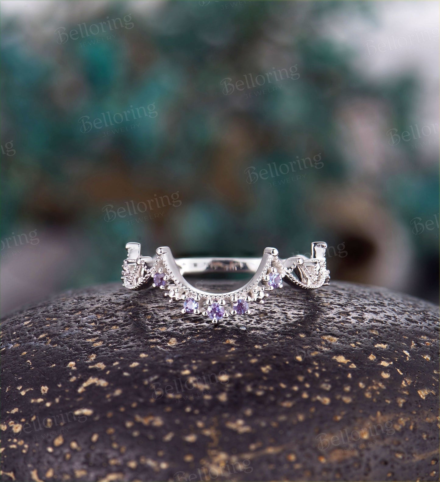 Alexandrite Curved wedding band  white gold ring Vintage Bridal ring stacking band Antique Matching band Promise ring milgrain ring