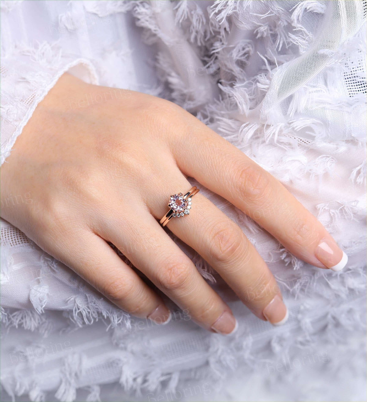 Morganite engagement ring set Diamond curved wedding band vintage prong set ring rose gold Wedding ring set unique anniversary ring set