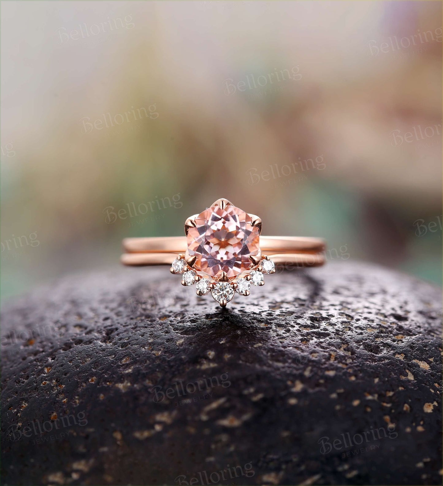Morganite engagement ring set Diamond curved wedding band vintage prong set ring rose gold Wedding ring set unique anniversary ring set