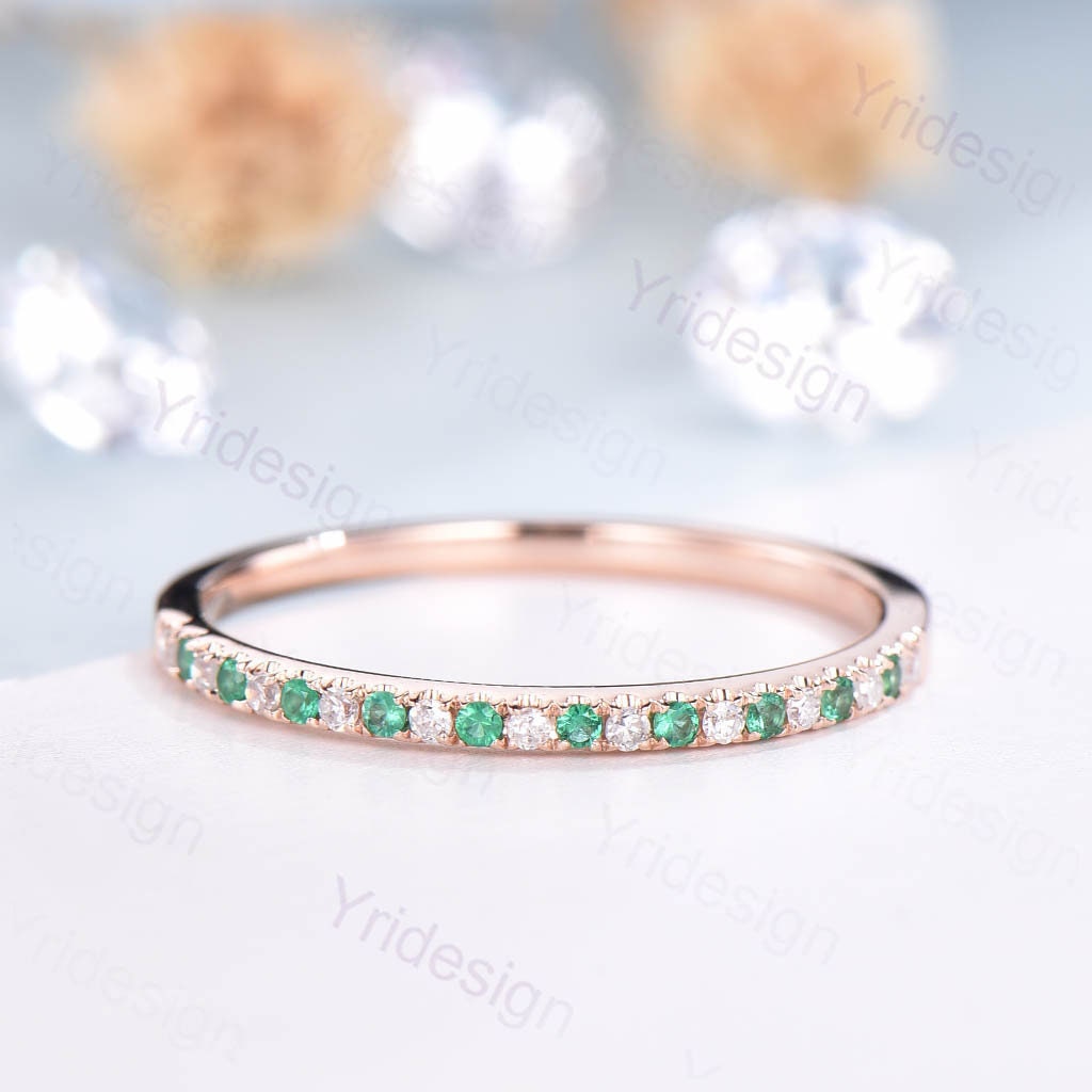 Dainty 14k Rose Gold Emerald Diamond Wedding Band
