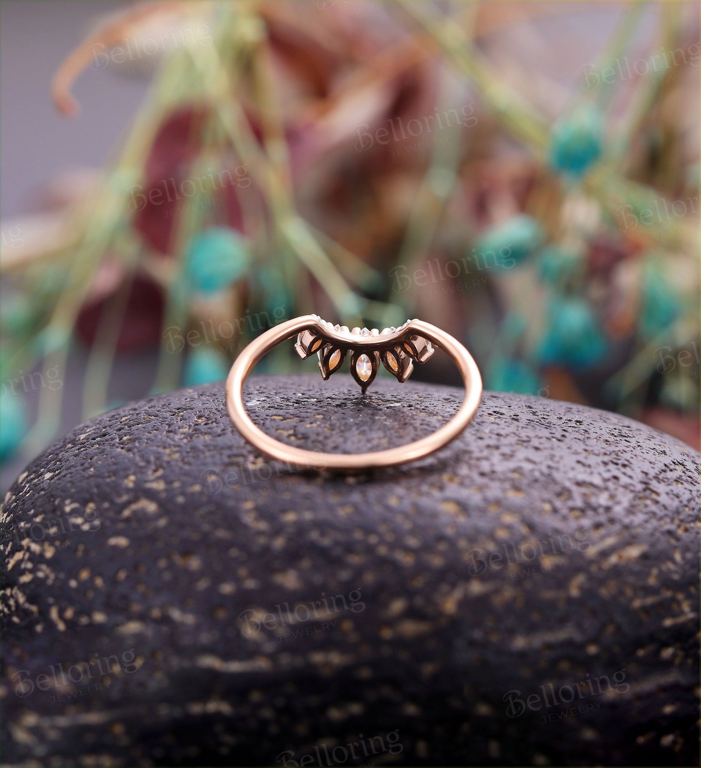 Moissanite Curved wedding band woman Solid 14K rose gold Vintage marquise unique Jewelry Antique stacking Promise Anniversary Gift for her