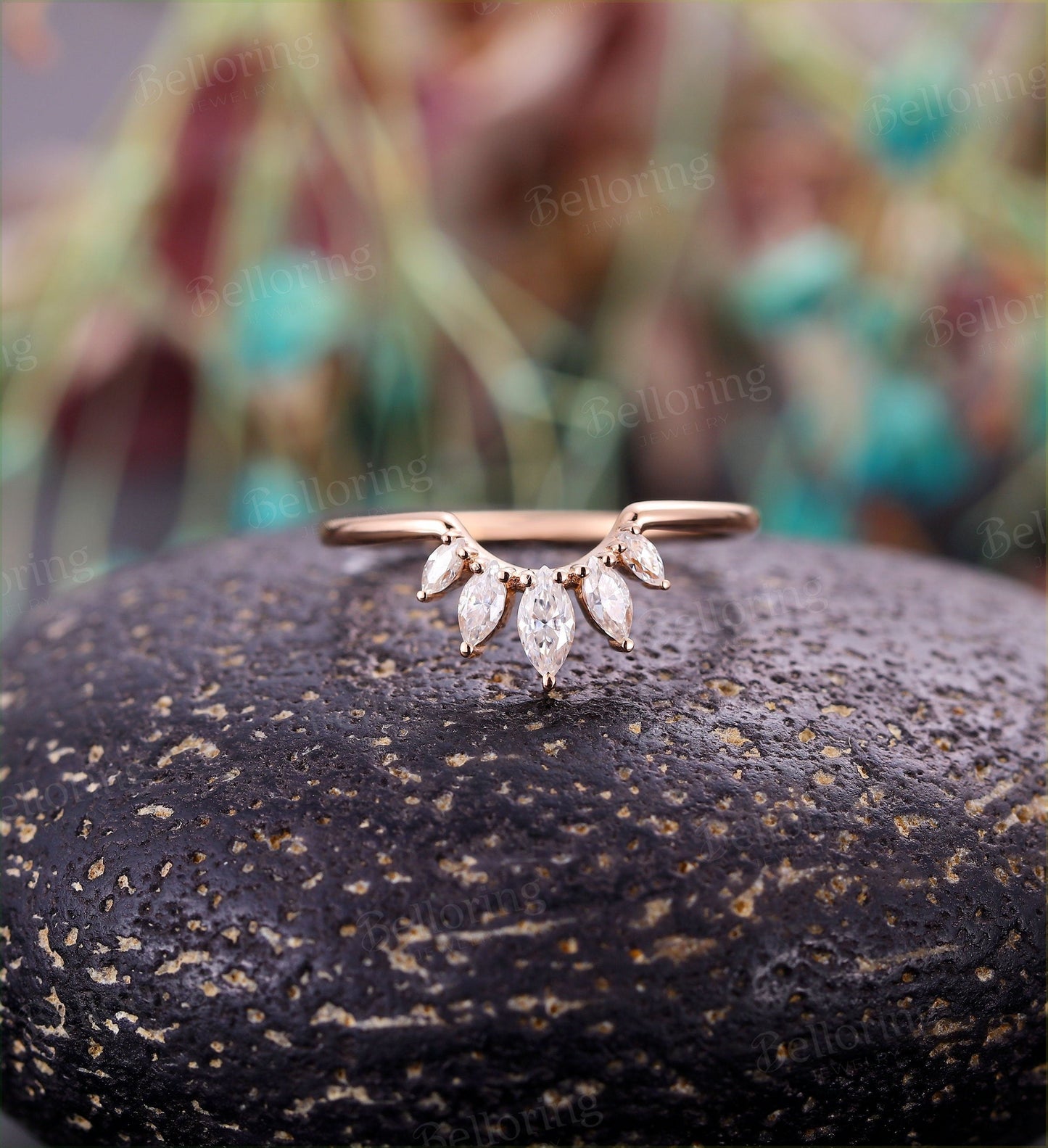 Moissanite Curved wedding band woman Solid 14K rose gold Vintage marquise unique Jewelry Antique stacking Promise Anniversary Gift for her