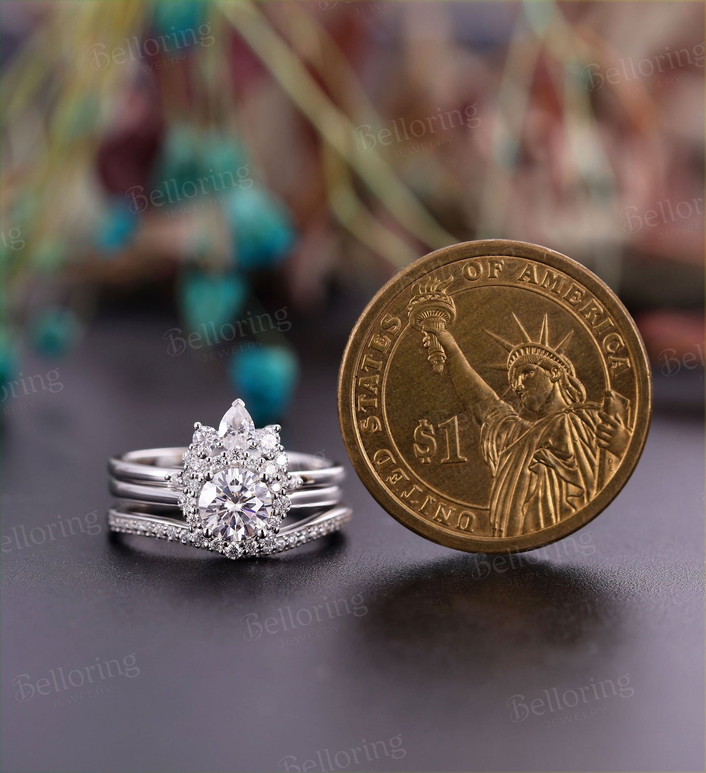 Art deco Moissanite engagement ring set Vintage Jewelry white gold Unique halo crown wedding Bridal set promise Anniversary wedding ring
