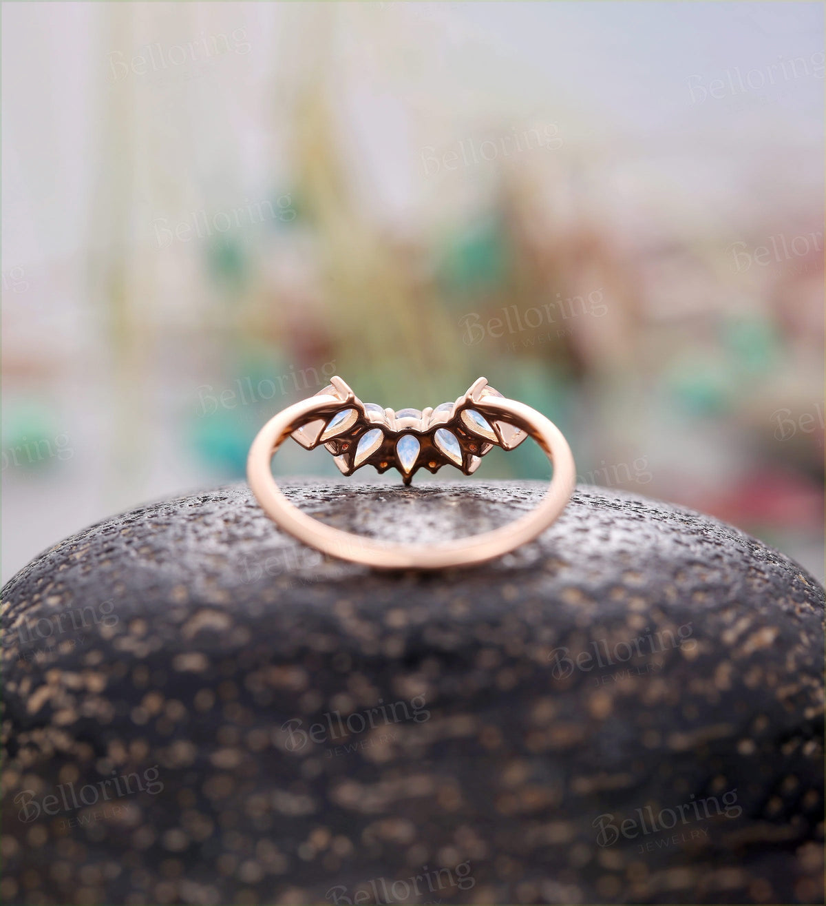 Moonstone curved wedding band  vintage pear shaped moissanite unique Wedding Ring Jewelry art deco birthstone Anniversary wedding ring