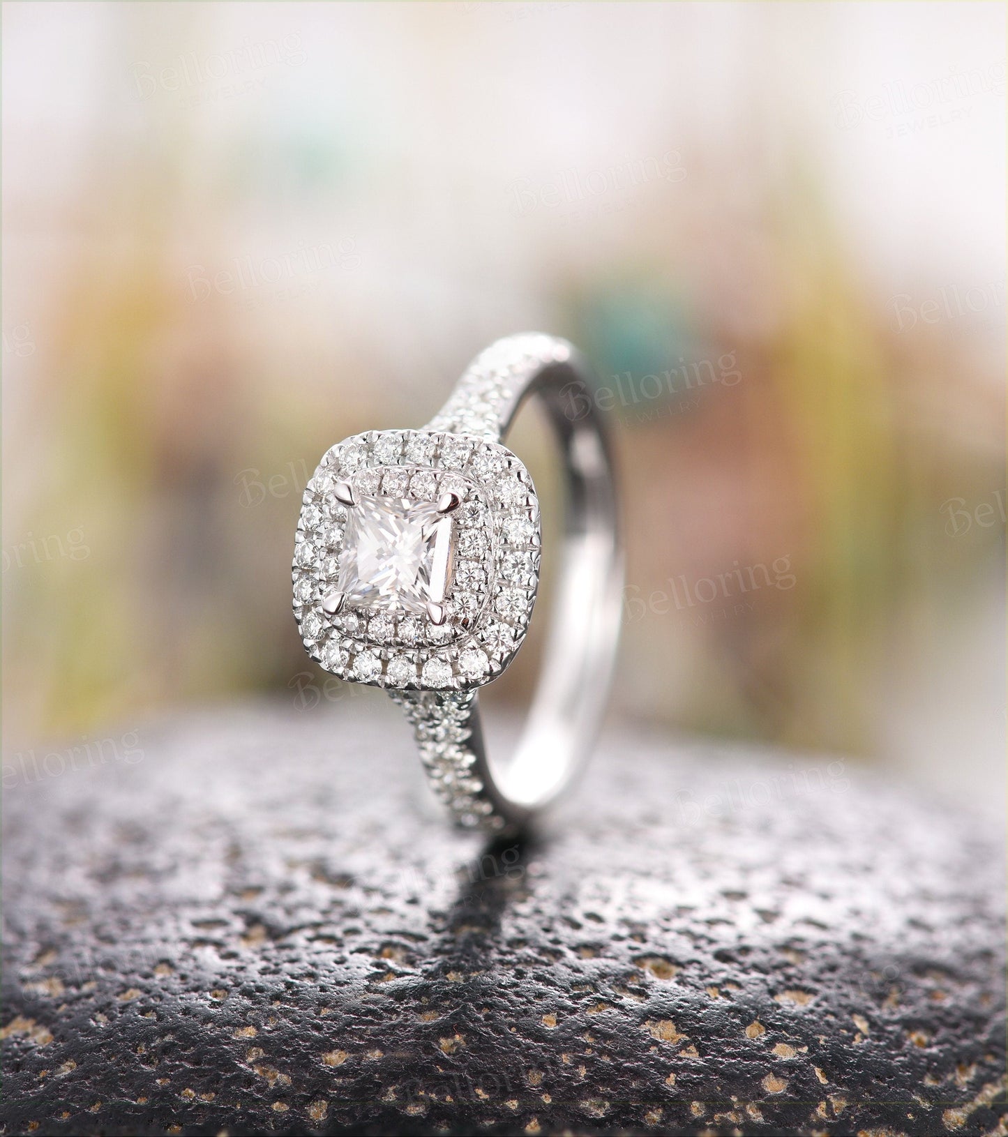Moissanite engagement ring 14k white gold princess cut vintage halo Wedding ring for  unique Jewelry promise Anniversary wedding ring