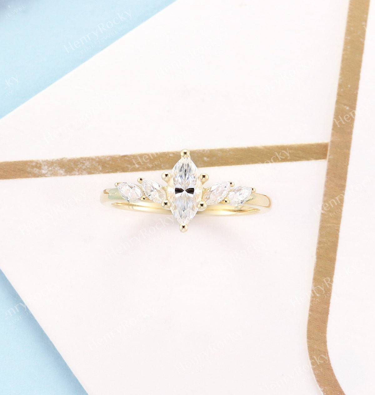 Vintage moissanite engagement ring Yellow gold | Art deco wedding ring | Marquise shaped antique ring | Anniversary promise rings for women