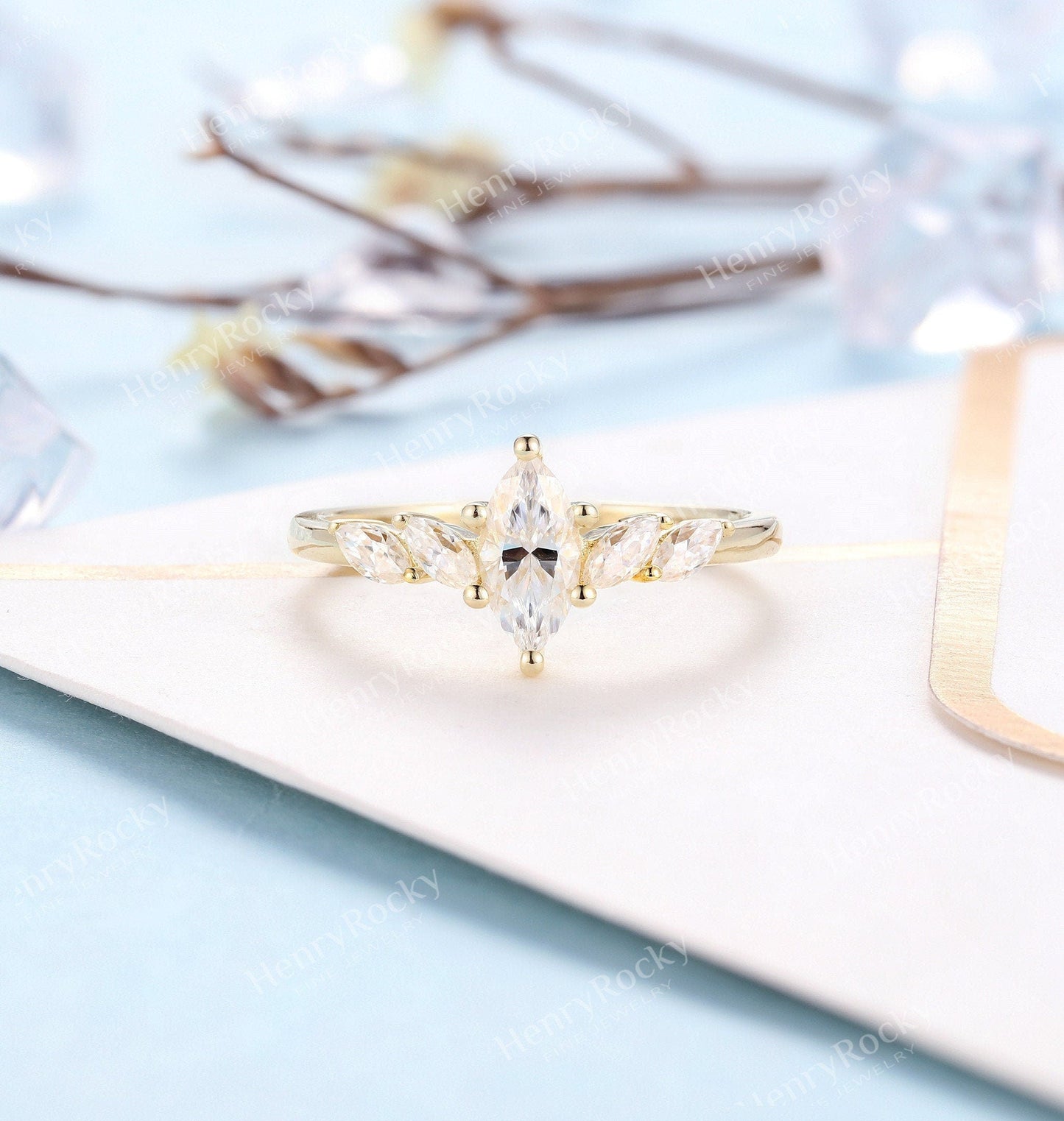 Vintage moissanite engagement ring Yellow gold | Art deco wedding ring | Marquise shaped antique ring | Anniversary promise rings for women