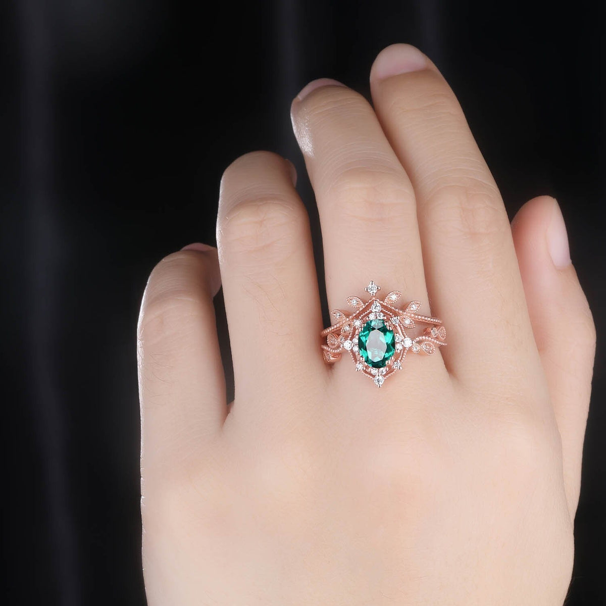 Oval emerald wedding ring set emerald engagmement ring diamond matching band vintage floral art deco diamond ring Valentines day gift