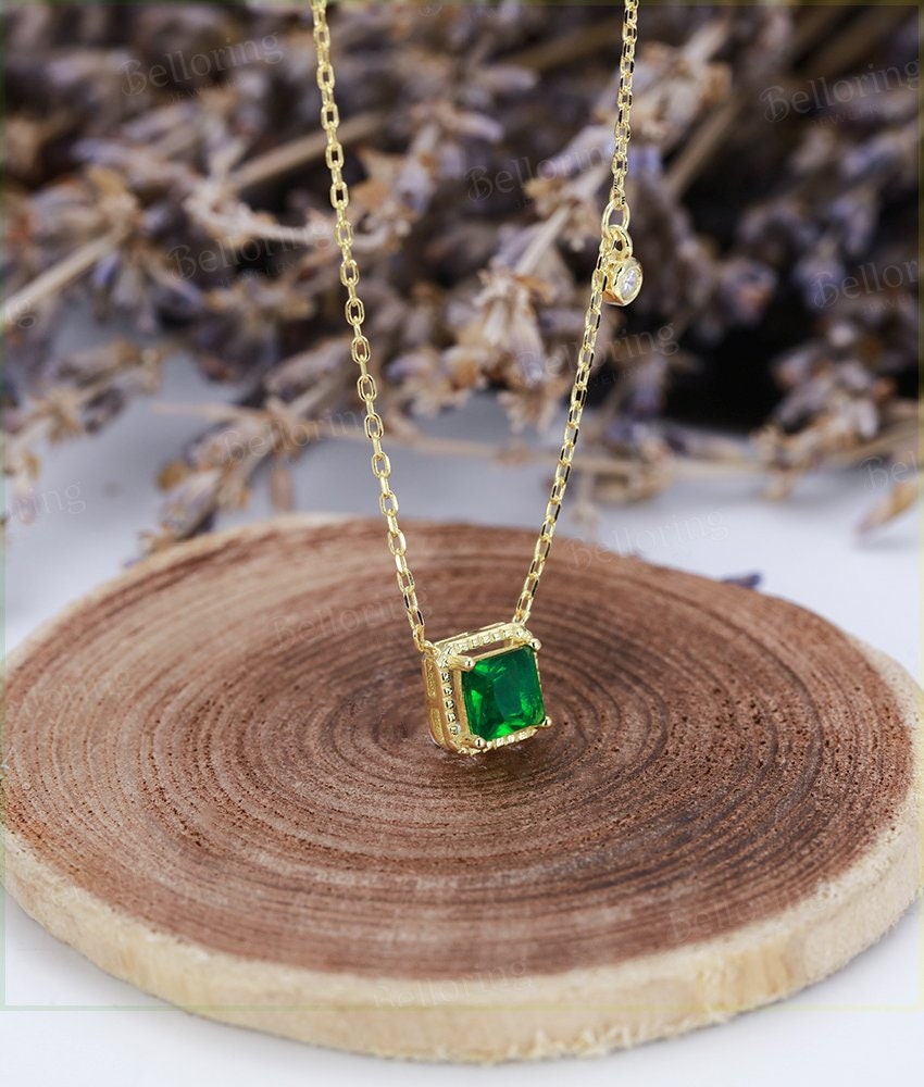 Princess cut Emerald necklace for  bridal  vintage Pendant Solid 14K yellow gold unique delicate Anniversary wedding ring