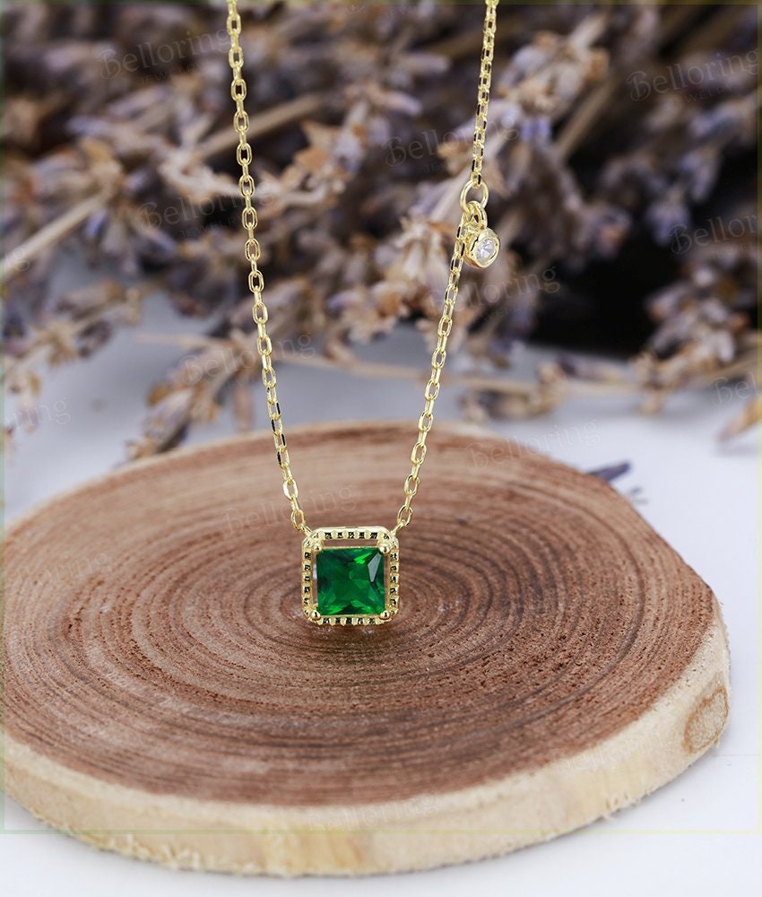 Princess cut Emerald necklace for  bridal  vintage Pendant Solid 14K yellow gold unique delicate Anniversary wedding ring