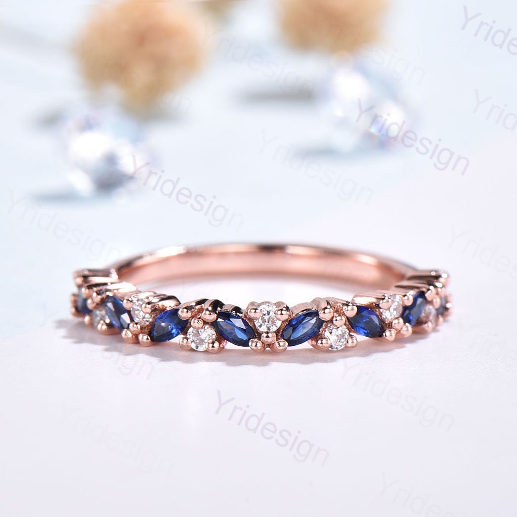 Vintage Sapphire Wedding band women rose gold marquise cut wedding band Matching Stacking half eternity Promise Simple Anniversary ring