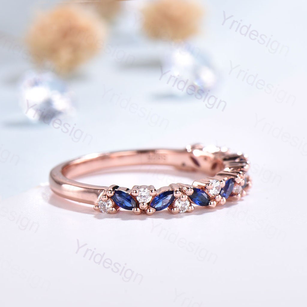 Vintage Sapphire Wedding band women rose gold marquise cut wedding band Matching Stacking half eternity Promise Simple Anniversary ring