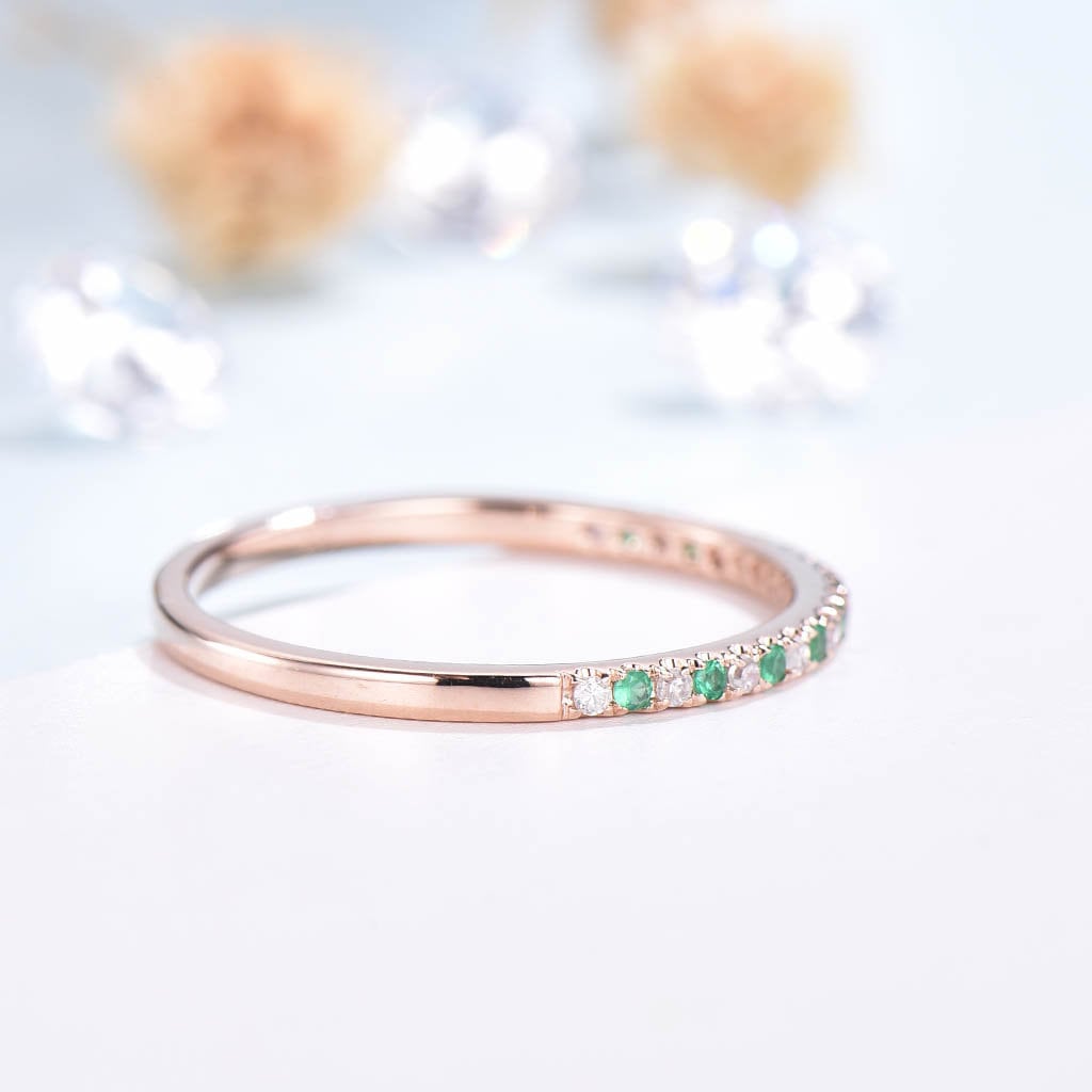 Dainty 14k Rose Gold Emerald Diamond Wedding Band