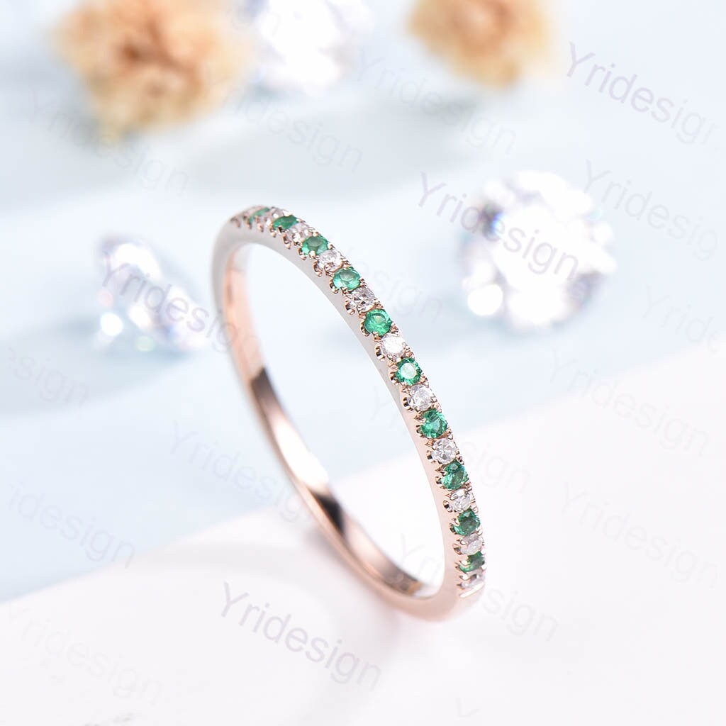 Dainty 14k Rose Gold Emerald Diamond Wedding Band