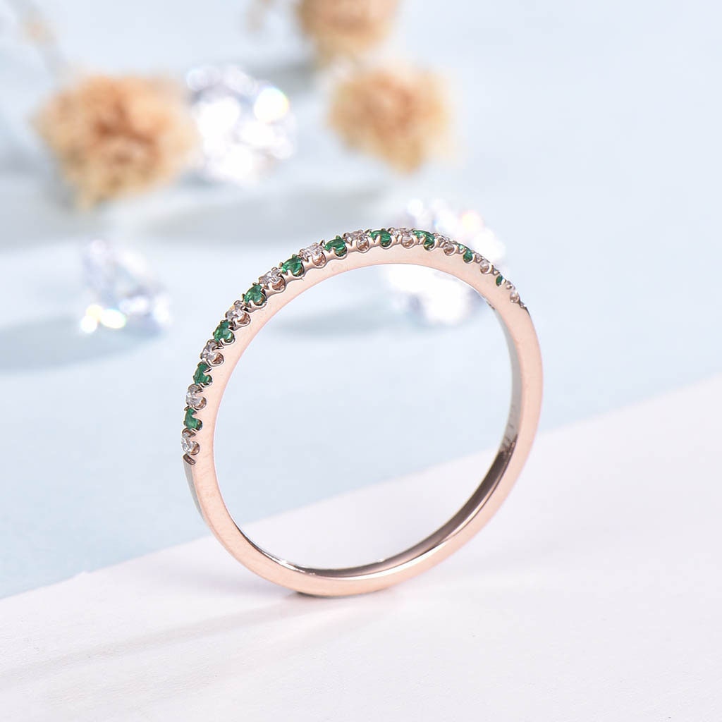 Dainty 14k Rose Gold Emerald Diamond Wedding Band