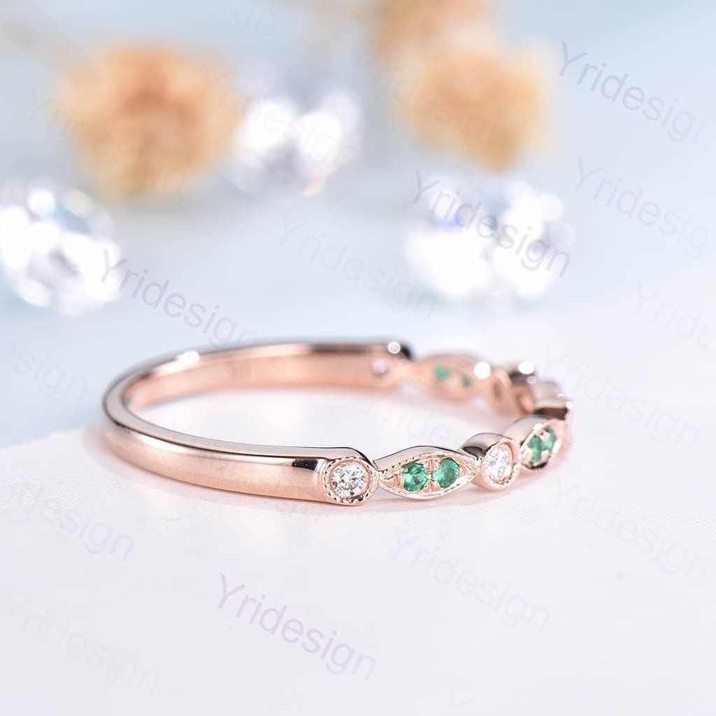 Dainty 14k Rose Gold Emerald Diamond Wedding Band